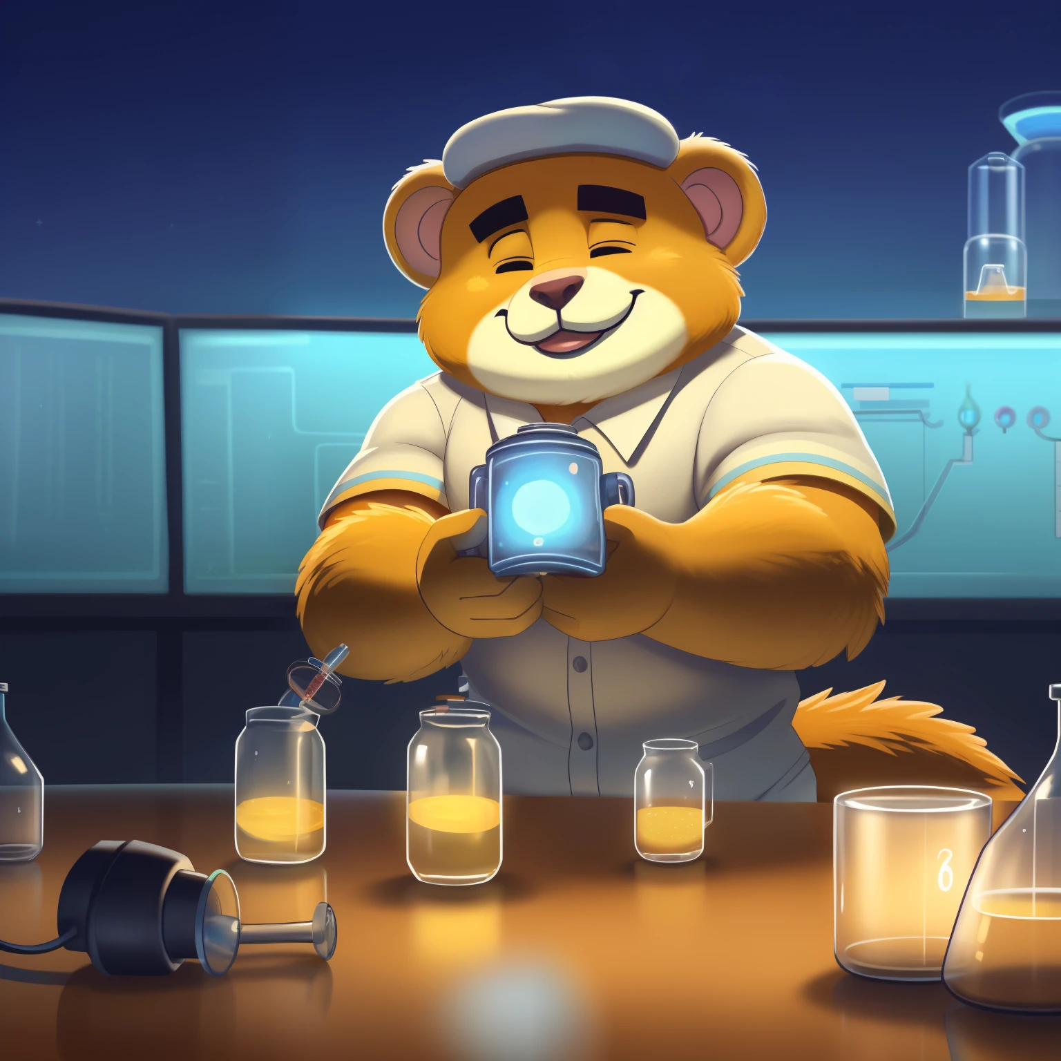 Animated monkey, full body, muscular build, with two flasks held tightly in his hands, his delicate face twisted in concentration, intricate details running down his fur, highest quality animation, trending on ArtStation, detailed eyes sparkling with curiosity, smiling in a masculine, expressive way, chemicals inside the flasks shimmering with an otherworldly glow, bright laboratory setting in the background, depth of field effect creating a sense of depth and mystery, detailed background filled with scientific equipment and beakers, by Papapapmonkey, masterpiece by Fuzzylogic, ultra detailed animation by Bananamatic.