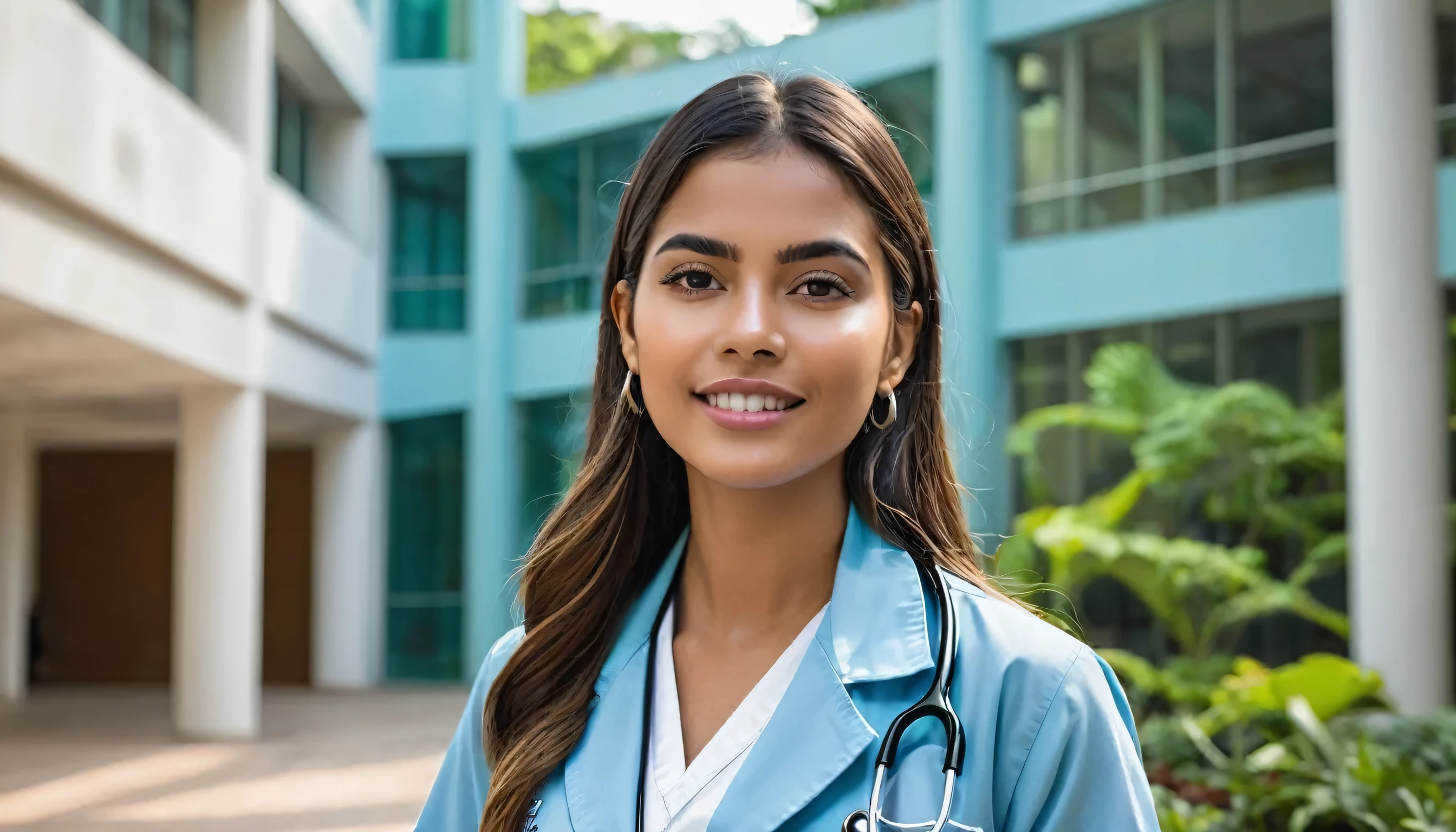 A Brazilian university student, com cabelos lisos adornados por vibrantes, listras coloridas, walks gracefully across the university campus. She is dressed in a light blue coat, emblematic of the nursing profession, and carries a stethoscope around his neck. Your face exudes determination and focus, reflecting the seriousness of your academic pursuit.
No pano de fundo, contemporary paintings and abstract graphics adorn the campus, injecting a sense of modernity and vibrancy into the scene. These artistic elements portray the multifaceted journey of nursing education and practice, celebrating its diversity and innovation.
The ilumination, meticulosamente organizado, bathes the scene with an ethereal glow, reminiscent of high fashion photography. Enhances the sophistication and professionalism of the environment, capturing the essence of a young professional on the cusp of a nursing career.
This visual narrative captures the spirit of Brazilian nursing education, fusing tradition with contemporary aesthetics to showcase the dynamism and cultural richness of the countryside.