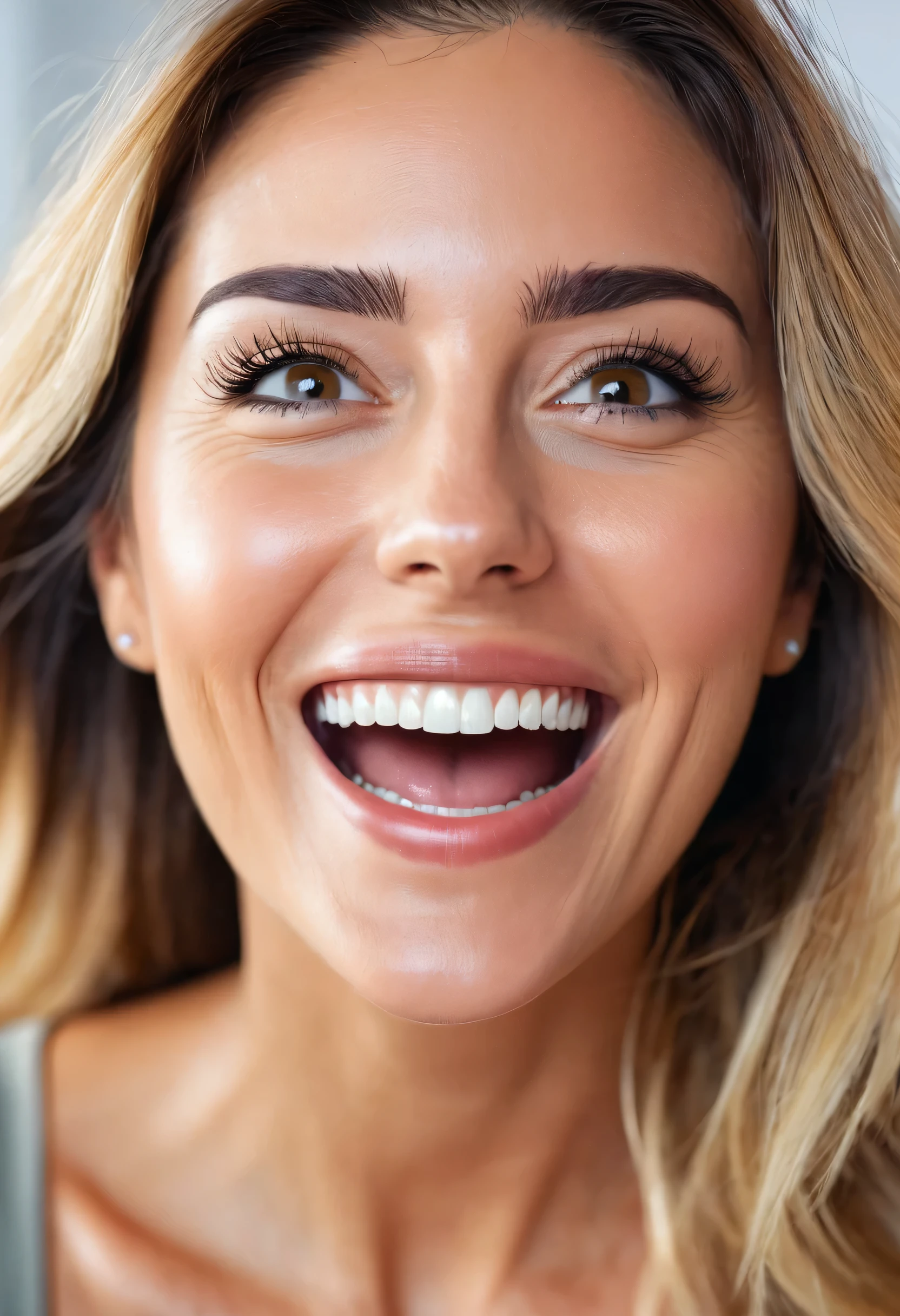 An image showing a beautiful woman watching the video, with an expression of joy.
