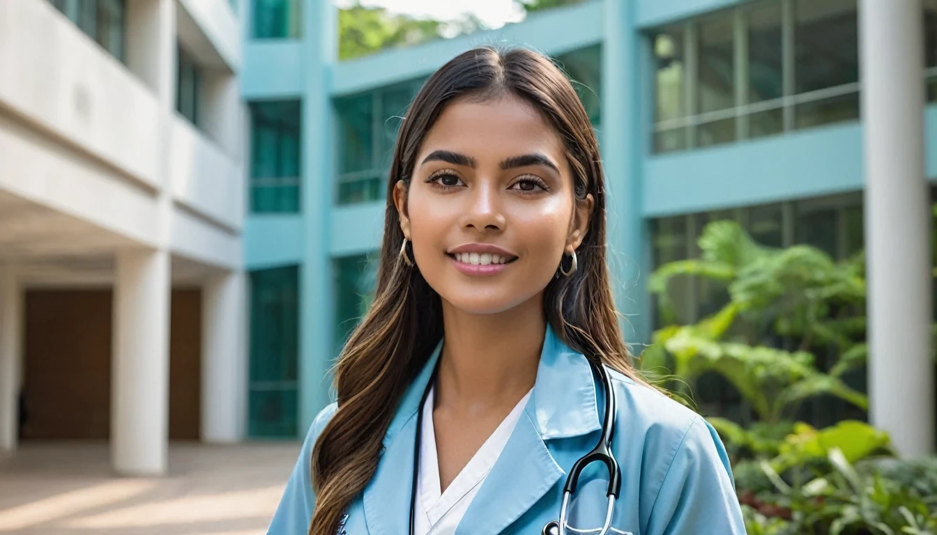 A Brazilian university student, com cabelos lisos adornados por vibrantes, listras coloridas, walks gracefully across the university campus. She is dressed in a light blue coat, emblematic of the nursing profession, and carries a stethoscope around his neck. Your face exudes determination and focus, reflecting the seriousness of your academic pursuit.
No pano de fundo, contemporary paintings and abstract graphics adorn the campus, injecting a sense of modernity and vibrancy into the scene. These artistic elements portray the multifaceted journey of nursing education and practice, celebrating its diversity and innovation.
The ilumination, meticulosamente organizado, bathes the scene with an ethereal glow, reminiscent of high fashion photography. Enhances the sophistication and professionalism of the environment, capturing the essence of a young professional on the cusp of a nursing career.
This visual narrative captures the spirit of Brazilian nursing education, fusing tradition with contemporary aesthetics to showcase the dynamism and cultural richness of the countryside.