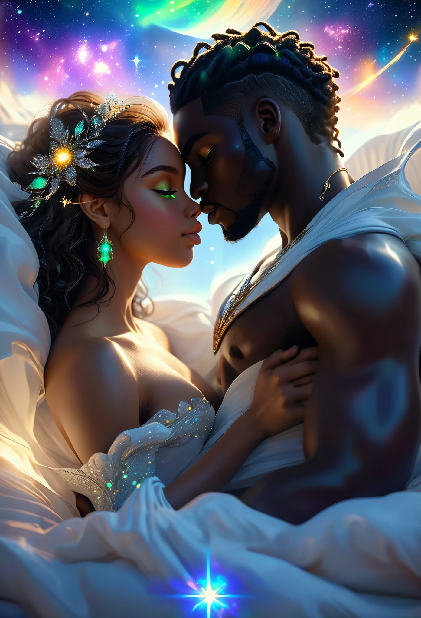 Loving ((((darkskinned))) couple in a celestial landscape, young dark-skinned couple in their 20s, in a bed, kissing, a ((((darkskinned))) man and a ((((darkskinned))) woman, he is the celestial guardian, dark-haired with violet eyes, she is an imperial judge, she has short brown hair with blue and green eyes,Full body, 8K, extremely detailed, high quality, (photorealistic:1.37), Full body, ideal proportions and defined complexion, meticulously crafted features, unreachable beauty, perfection, breathtaking elegance, g curves, goddess-like figures, divine symmetry, artistic masterpieces, vivid realism, hyper-detailed sculptures, life-like forms, truly awe-inspiring, impeccable craftsmanship, pure radiance, ethereal beauty, delicate contours, striking poses, sublime beauty, subtle nuances, dynamic compositions, vibrant colors, perfect lighting, soulful expressions, celestial aura, majestic presence, dreamlike atmosphere, unmatched gdetailed octane render trending on artstation, 8 k artistic photography, photorealistic concept art, soft natural volumetric cinematic perfect light, chiaroscuro, award - winning photograph, masterpiece, perfect composition, beautiful detailed intricate insanely