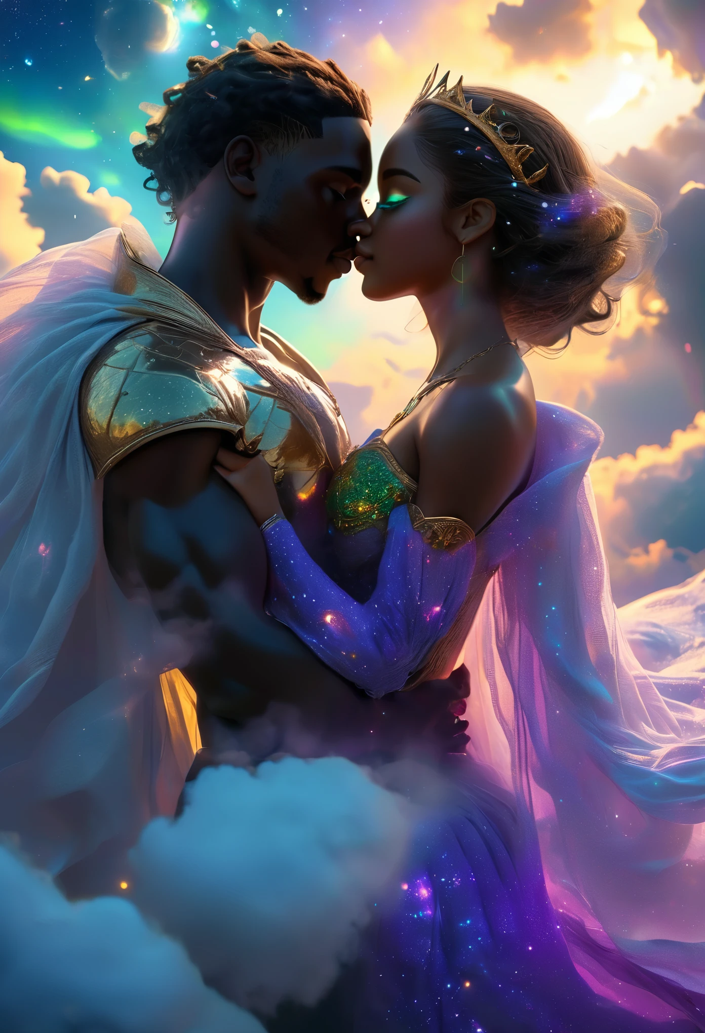 Loving ((((darkskinned))) couple in a celestial landscape, young dark-skinned couple in their 20s, on a cloud, kissing, a ((((darkskinned))) man and a ((((darkskinned))) woman, he is the celestial guardian, dark-haired with violet eyes, she is an imperial judge, she has short brown hair with blue and green eyes,Full body, 8K, extremely detailed, high quality, (photorealistic:1.37), Full body, ideal proportions and defined complexion, meticulously crafted features, unreachable beauty, perfection, breathtaking elegance, g curves, goddess-like figures, divine symmetry, artistic masterpieces, vivid realism, hyper-detailed sculptures, life-like forms, truly awe-inspiring, impeccable craftsmanship, pure radiance, ethereal beauty, delicate contours, striking poses, sublime beauty, subtle nuances, dynamic compositions, vibrant colors, perfect lighting, soulful expressions, celestial aura, majestic presence, dreamlike atmosphere, unmatched gdetailed octane render trending on artstation, 8 k artistic photography, photorealistic concept art, soft natural volumetric cinematic perfect light, chiaroscuro, award - winning photograph, masterpiece, perfect composition, beautiful detailed intricate insanely