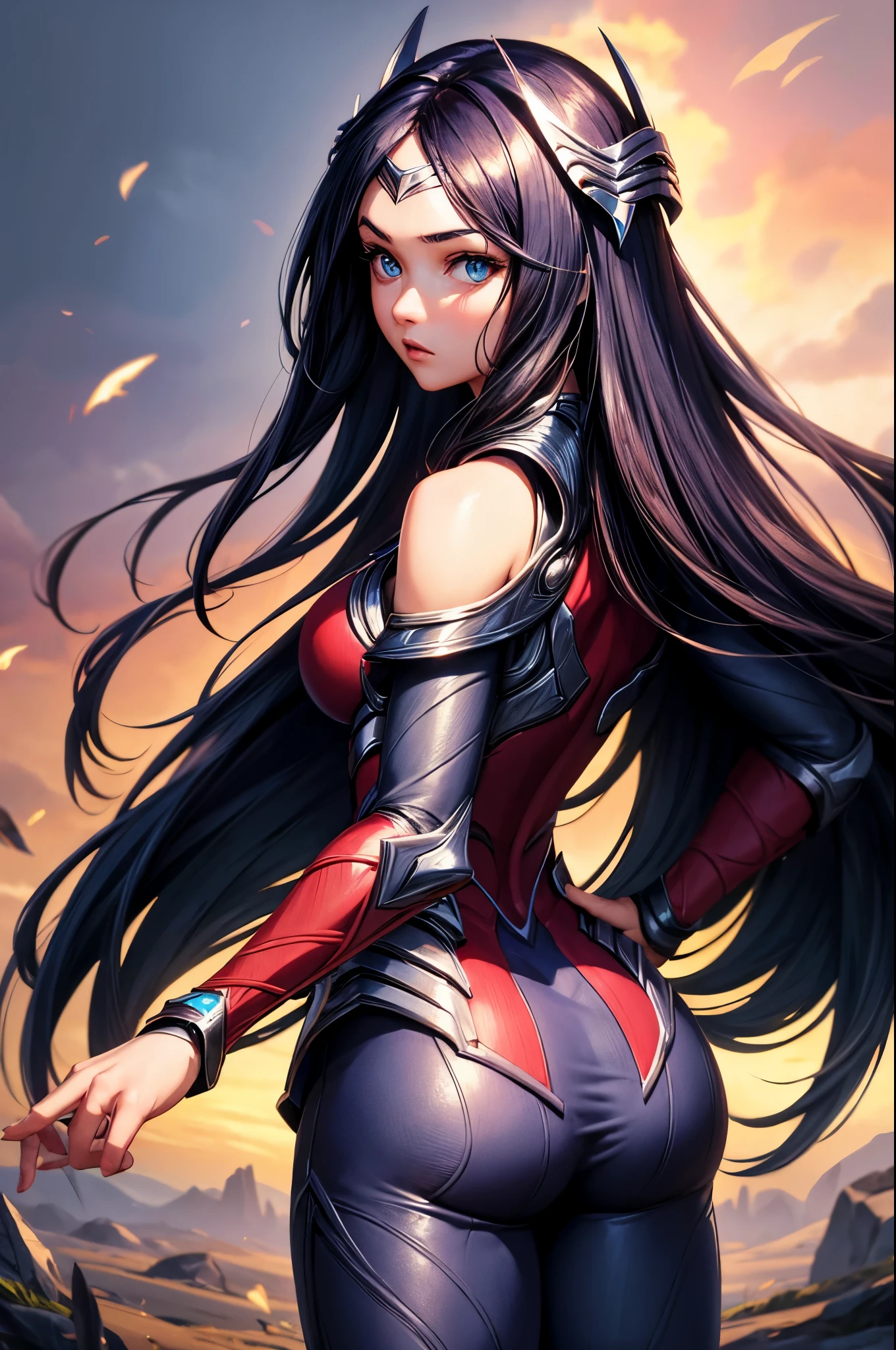 (from behind), (masterpiece), best quality, expressive eyes, perfect face, highres, 1girl, solo, irelia, bodysuit, bare shoulders, forehead protector, hair ornament, armor, standing, portrait, looking at the viewer, butt