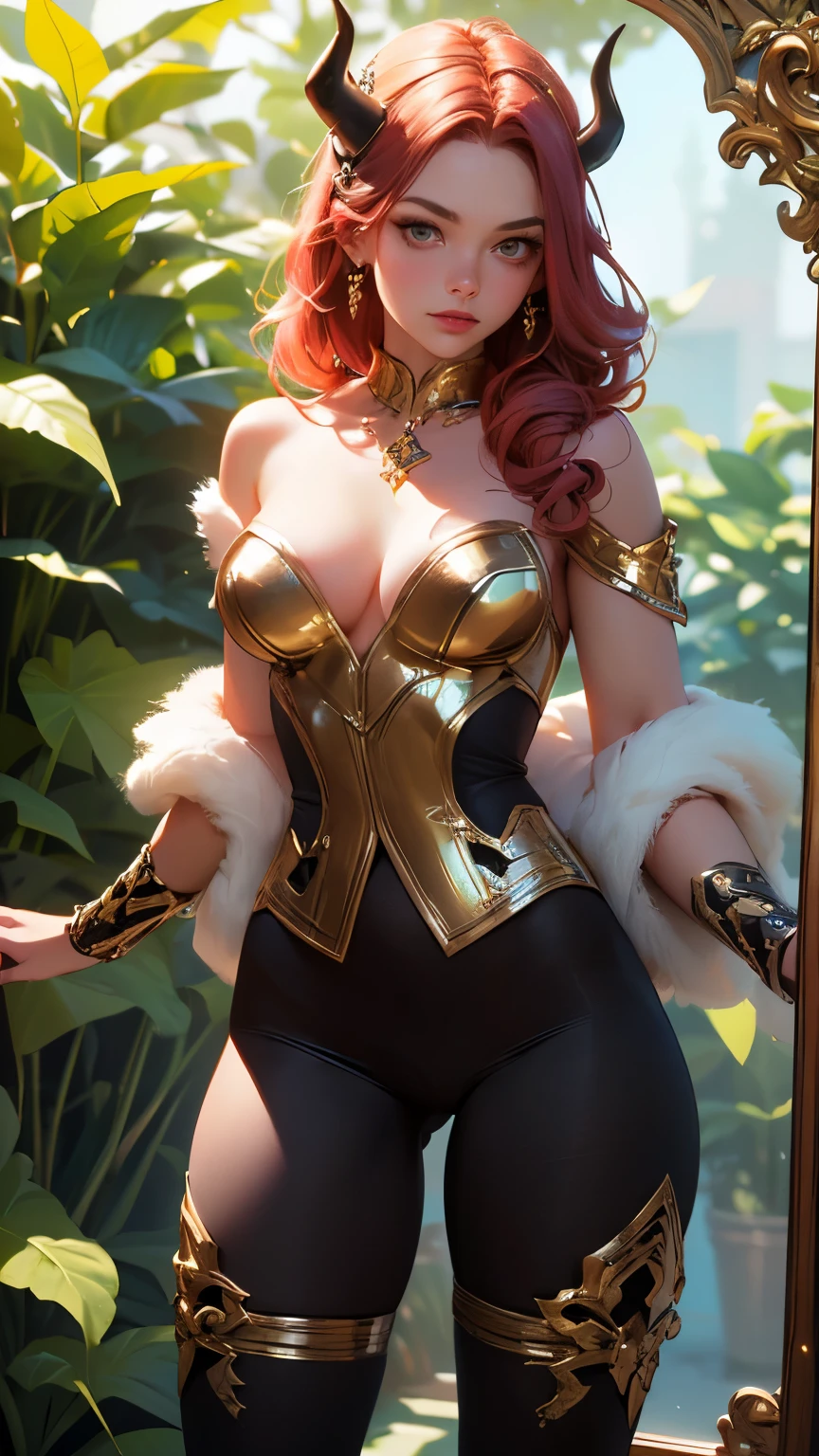 (best quality,4k,8k,highres,masterpiece:1.2),ultra-detailed,realistic:1.37,bondage,naked ,detailed shoulder tattoo,perfectly sculpted hands,mirror,tights,red and gold,detailed horns on the head,1girl,glowing effect,lush garden background,soft sunlight,subtle shadows,artistic portrait