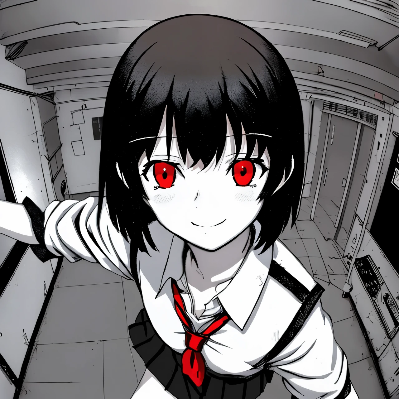 omao, monochrome, greyscale, 1girl, brown hair, female, glowing eye, red eyes, school uniform, serafuku, short hair, simple background, smile, solo