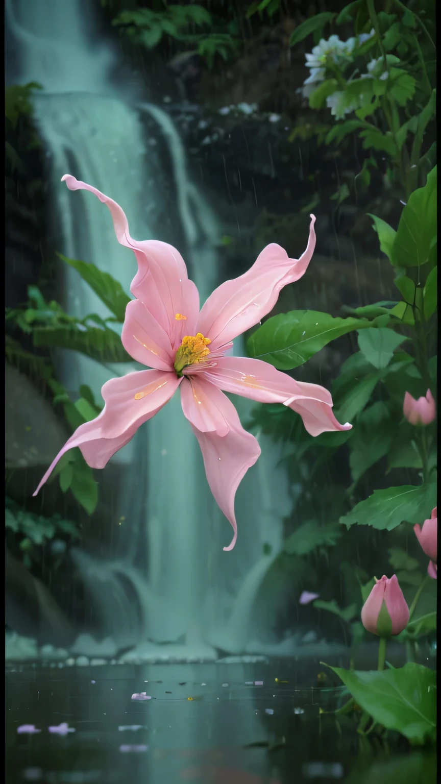 Flowers floating down after rain background cascade