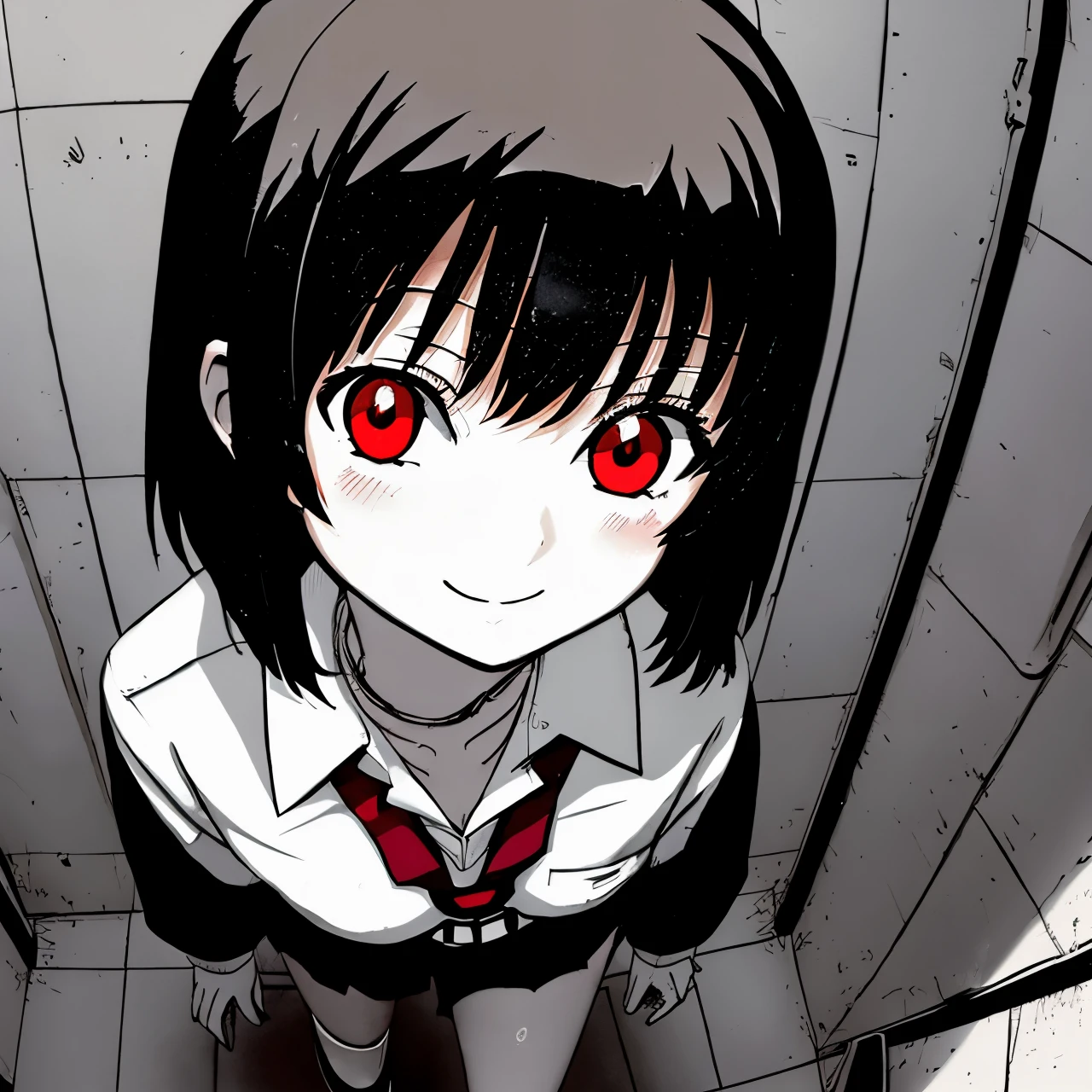 omao, monochrome, greyscale, 1girl, brown hair, female, glowing eye, red eyes, school uniform, serafuku, short hair, simple background, smile, solo, detail