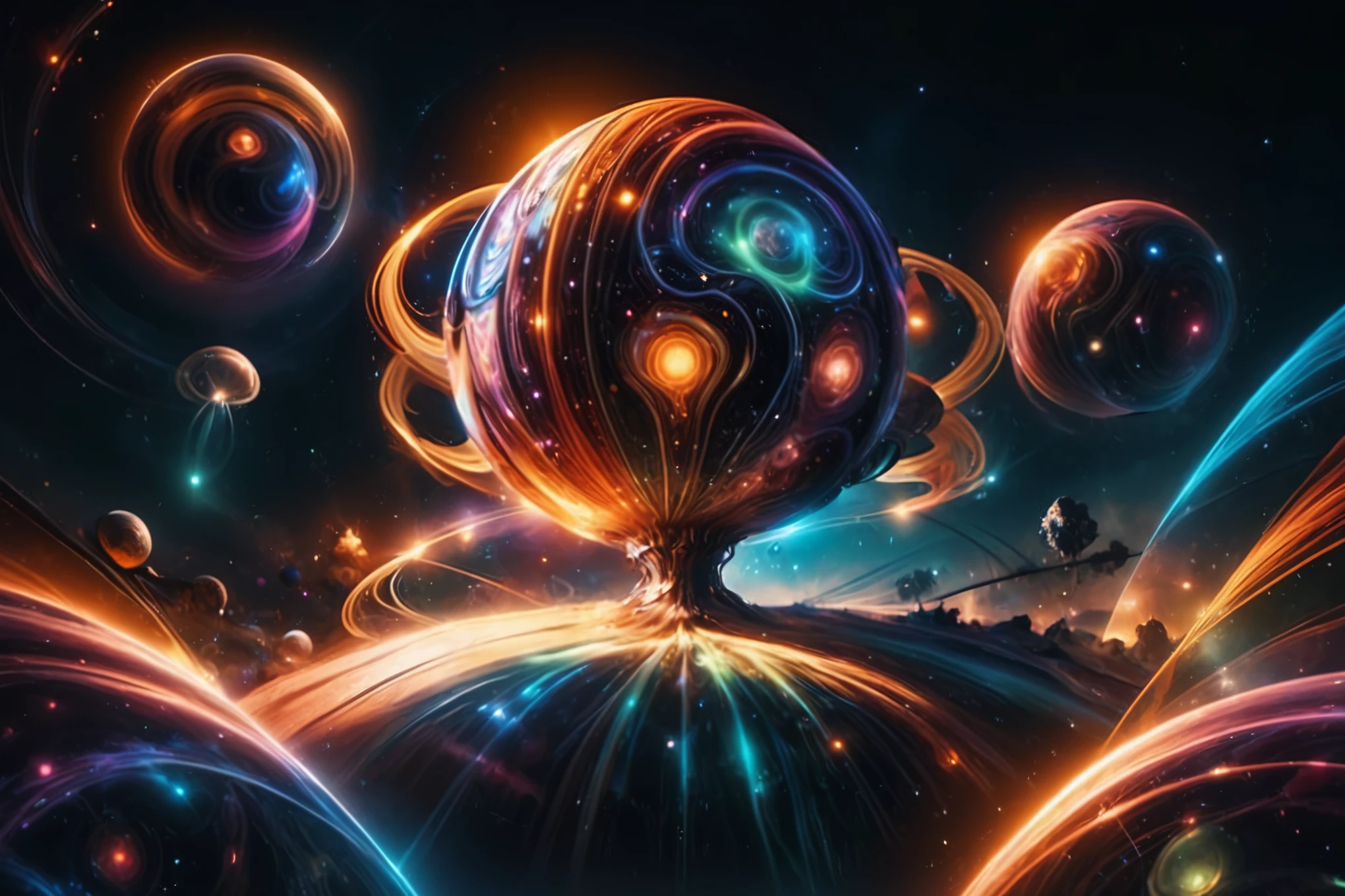 a colorful image of a large ball surrounded by many smaller planets, mind-bending digital art, by Beeple, beeple artwork, beeple!!, by Mike "Beeple" Winkelmann, greg beeple, beeple art, beeple colors, realism | beeple, beeple masterpiece Unidentified and unknown liminal entity phase transitioning, insanely detailed interdimensional being, intricate galactic dmt entity, electromagnetic field dmt lsd, a glowing sphere with many lights and spiral, cosmic energy wires, complex filigree, filament of glowing optic fibers, swirling magical energy, shards and fractal of infinity, glowing fractals, sacred fractal structures, beautiful cosmic neural network, quantum particles, holographic dust, abstract geometric gradients, glitched reality. highly detailed dynamic background, compositional leading lines, amazing depth, digital visionary artstyle, hyperrealistic, photorealistic, hyperdetailed, (award winning masterpiece, Best Quality,8k Ultra HD, Highres, Absurdres, HDR, Octane Render, Photography, ARRI ALEXA 65, Prime Lens, Circular Polarizer, Split Diopter, Ultra Sharp Studio Focus, Infinity Focus, DSLR, RAW, Focus Stacking, Layered Detailing, Displacement Mapping, Path Tracing, Photon Mapping, V-Ray, Hardware Ray Tracing with Lumen Global Illumination, Ray Traced Shadows, Lumen Reflections, Ray Tracing Ambient Occlusion, Subsurface Scattering, Lumen Scene Detail with Detail Tracing, Max Details, Extra Detailed, Intricate Details, Sharpened, Crystal Clear, Smooth), Diffuse Light, Tone Mapped, (Defined Edges with Anti-Aliasing, DLAA, DLSS, RTX,Perfect Composition, Color Theory, Rule of Thirds, Golden Ratio, Postprocessing,CGI, VFX, SFX, Polychrome, CMYK colors, High Contrast, Unreal Engine 5, Diffraction Grating)