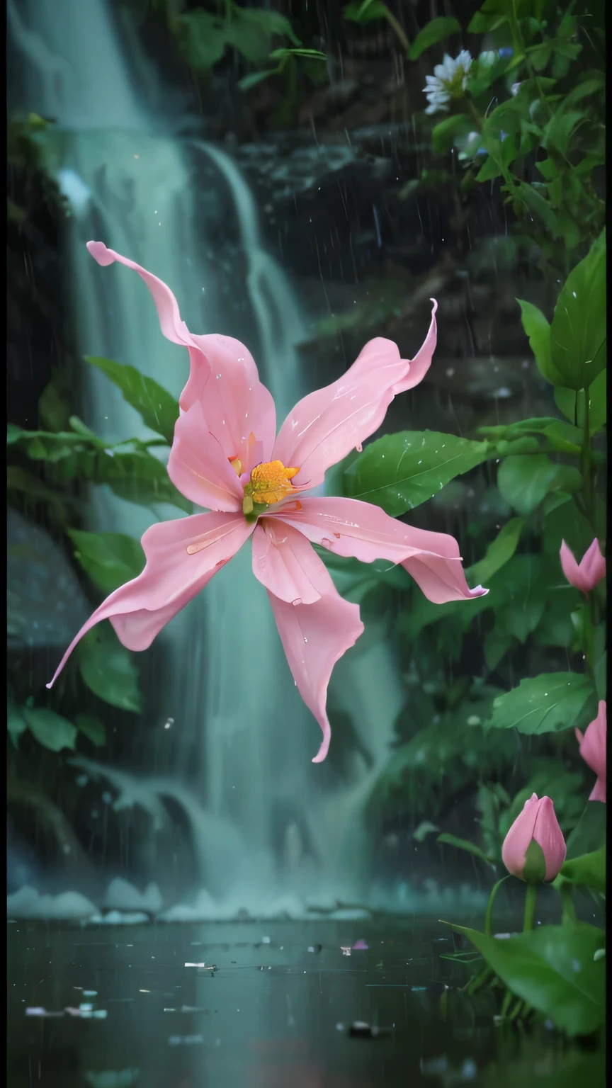 Flowers floating down after rain background cascade