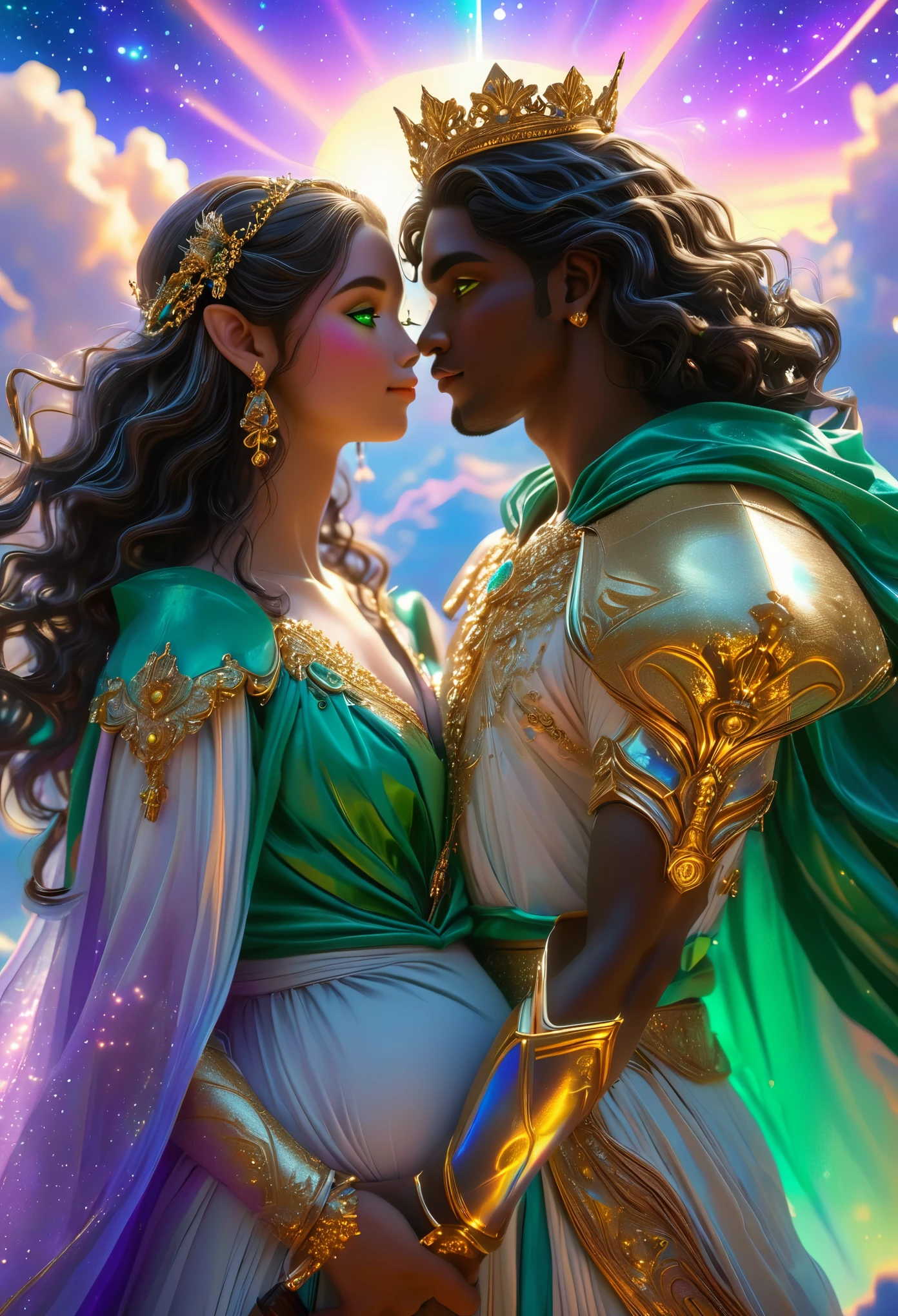 Loving (((tanskinned))) couple in a celestial landscape, young dark-skinned couple in their 20s, holding a scepter in a celestial court, a ((((tanskinned))) man and a ((((tanskinned))) woman, he is an imperial judge, ((dark-haired with violet eyes)), ((she is a pregnant imperial judge)), ((dark-haired with long hair and green eyes)), Full body, 8K, extremely detailed, high quality, (photorealistic:1.37), Full body, ideal proportions and defined complexion, meticulously crafted features, unreachable beauty, perfection, breathtaking elegance, g curves, goddess-like figures, divine symmetry, artistic masterpieces, vivid realism, hyper-detailed sculptures, life-like forms, truly awe-inspiring, impeccable craftsmanship, pure radiance, ethereal beauty, delicate contours, striking poses, sublime beauty, subtle nuances, dynamic compositions, vibrant colors, perfect lighting, soulful expressions, celestial aura, majestic presence, dreamlike atmosphere, unmatched gdetailed octane render trending on artstation, 8 k artistic photography, photorealistic concept art, soft natural volumetric cinematic perfect light, chiaroscuro, award - winning photograph, masterpiece, perfect composition, beautiful detailed intricate insanely