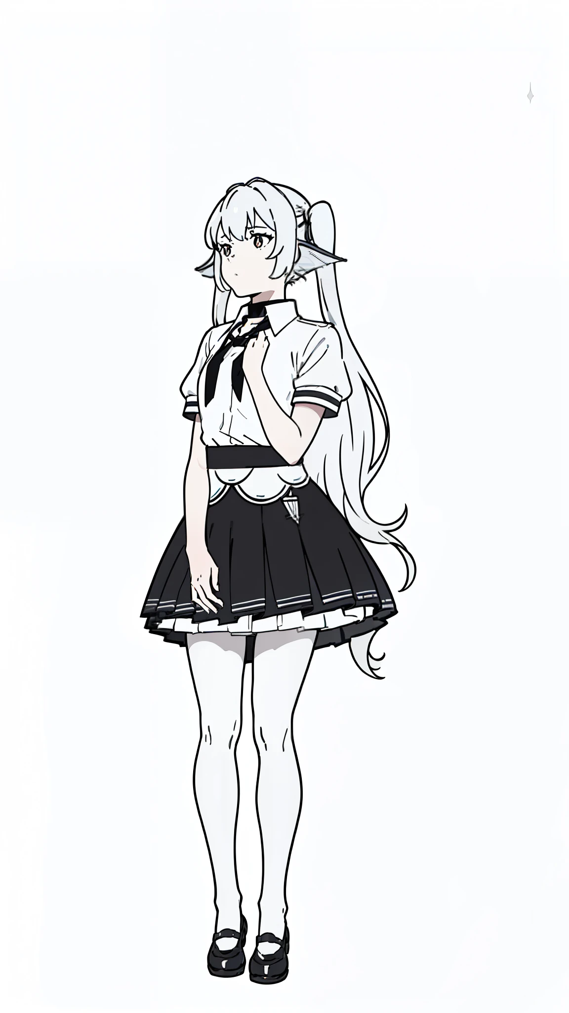 1girl,20 years old,solo,(white background,line drawing),long hair,white hair,fish ears,twintails,((white shirt,short sleeves,black standart tie,black skirt,pantyhoses)),full body,((hands on chest))