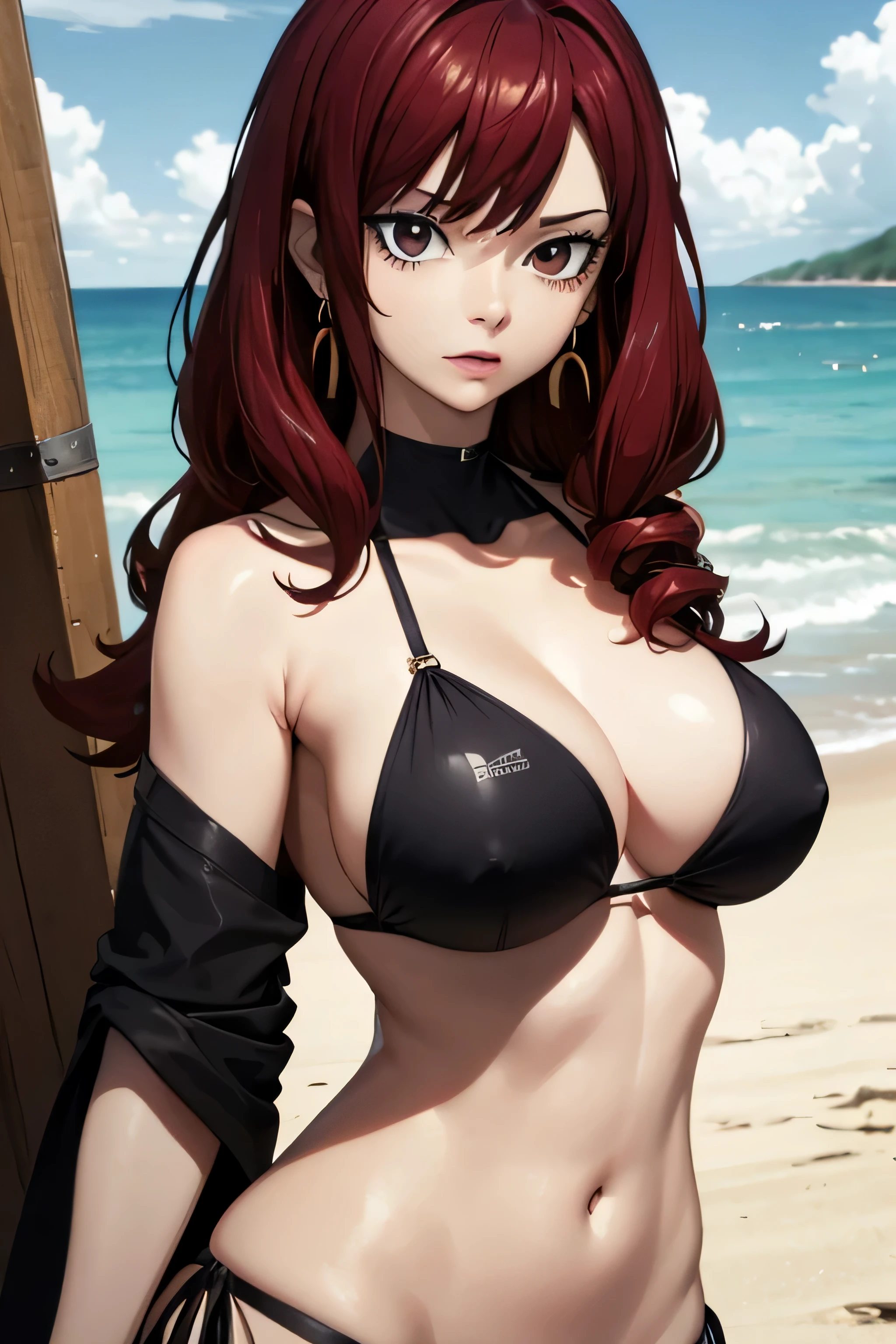 absurdres, high res, ultrasharp, 8K, {masterpiece}, expressive eyes, extremely detailed, best quality, perfect face, irenedef, irenernd, red hair, brown eyes, large breasts, earrings, beach, bikini, upper body,
