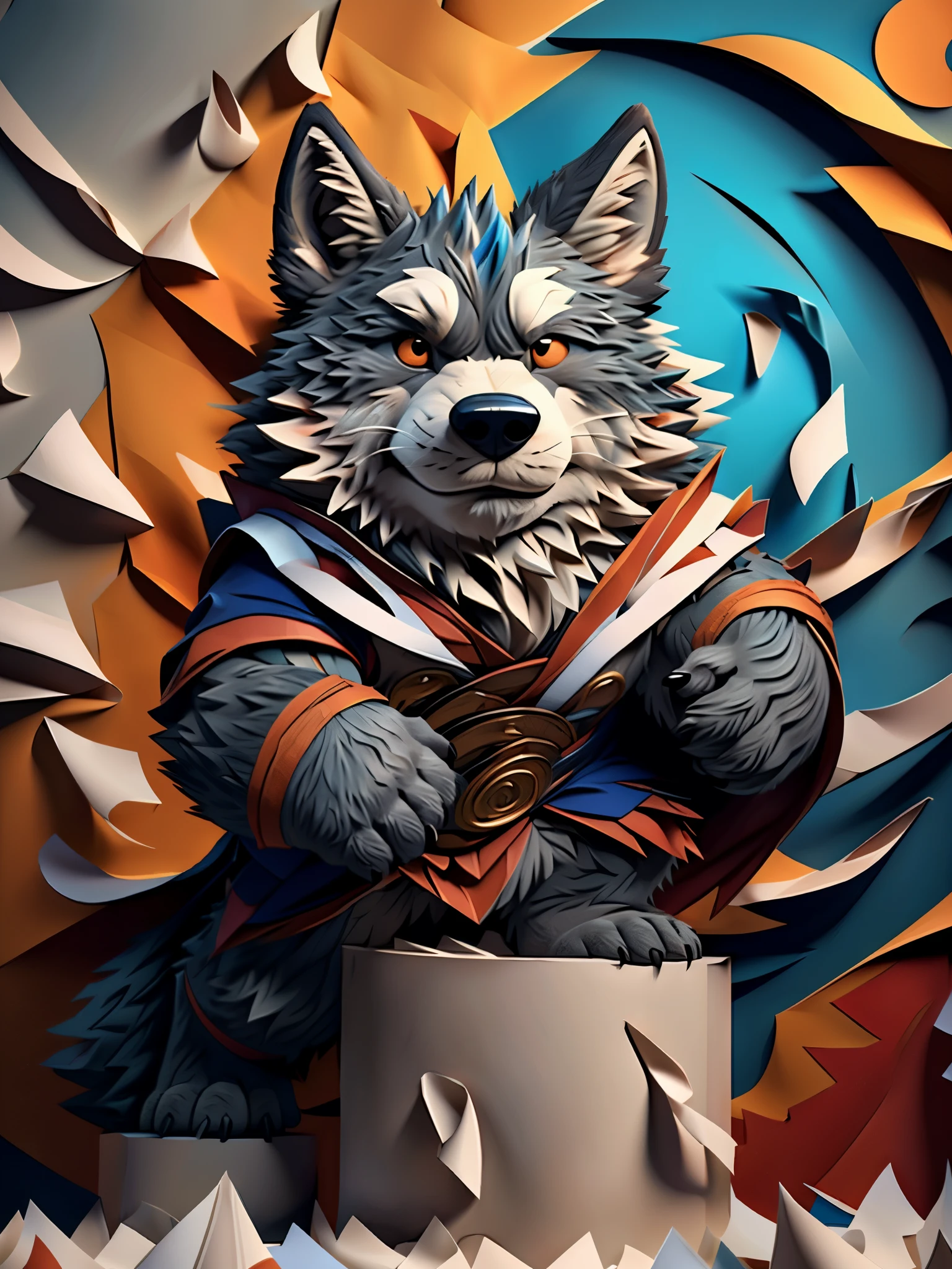 Scribble wolf face, ((cute)), anthro(wolf), (gray-black fur:1.5), comic style, white beard, white belly, (knight costume, long red cherry cloak), (close up:1.5), by takemoto arashi, by kamyuel, by milkytiger1145, by 96panda,front view, face focus, abstract background, (chibi:1.2), full body, (paper_cut:1.5), (dynamic pose:1.6), pastel color, multi dimensional quilling paper, yang08k, beautiful, colorful, Masterpieces, top quality, best quality, official art, beautiful and aesthetic,((16k ultra realistic))