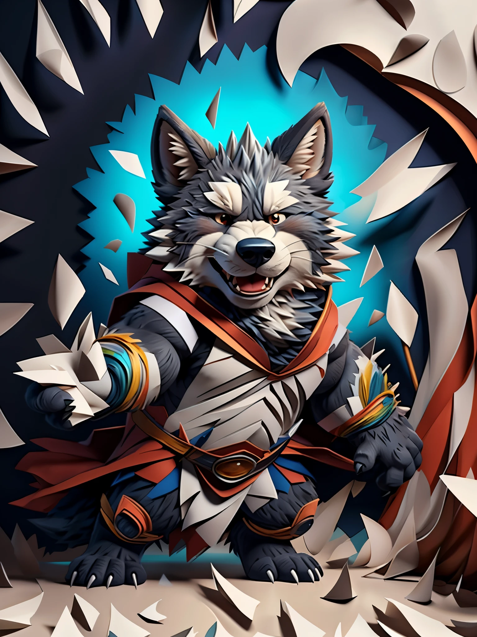 Scribble wolf face, ((cute)), anthro(wolf), (gray-black fur:1.5), comic style, white beard, white belly, (knight costume, long red cherry cloak), (close up:1.5), by takemoto arashi, by kamyuel, by milkytiger1145, by 96panda,front view, face focus, abstract background, (chibi:1.2), (paper_cut:1.5), multi dimensional quilling paper, yang08k, colorful, top quality, best quality, ((16k ultra realistic)), (epic pose), (dynamic pose:1.6), open mouth