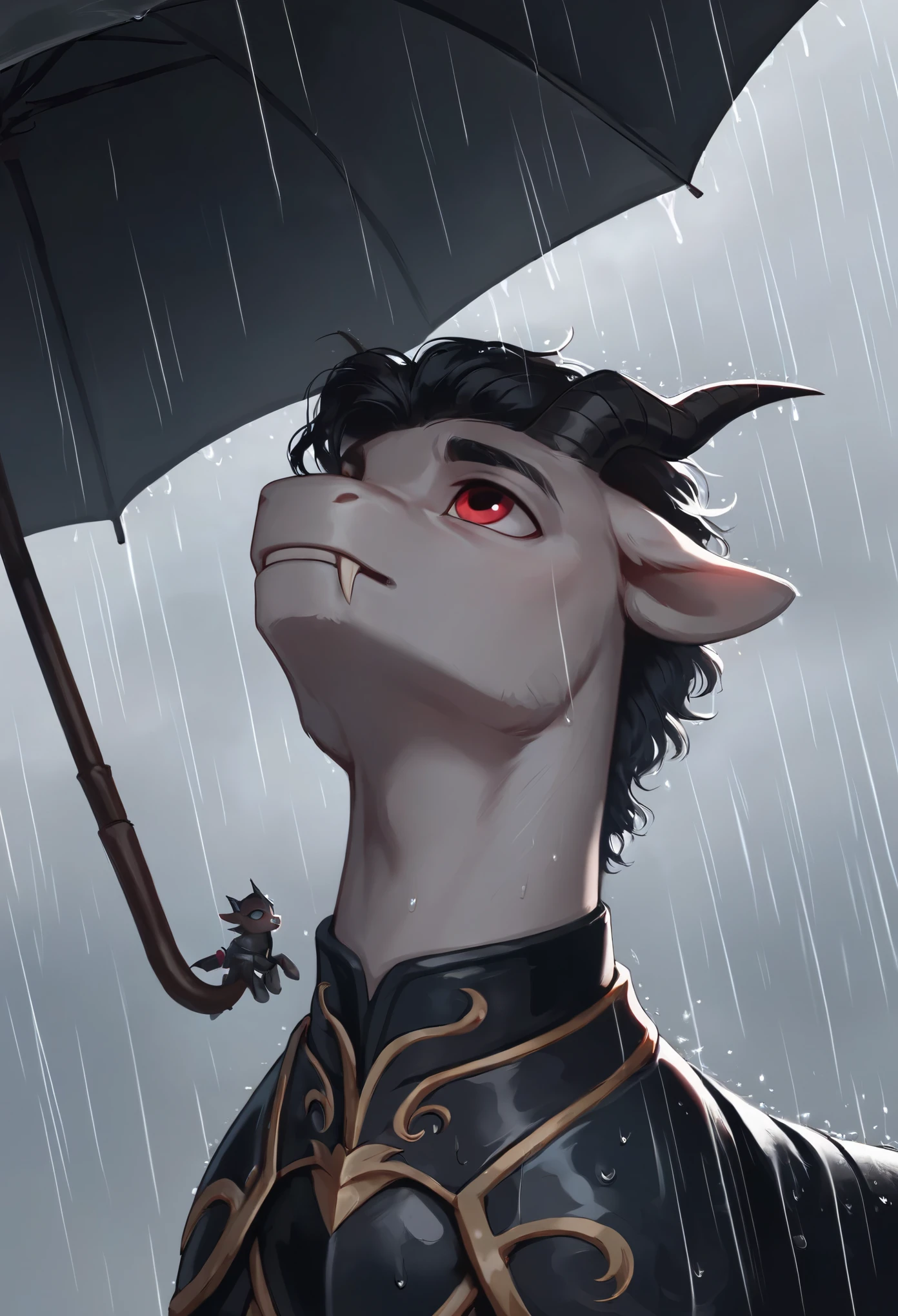 score_9, score_8_up, score_7_up, feral, pony, 2pony, duo-focus, male, adult, (black ear), male, boy pony with umbrella in the rain, "boy white body and black curly short hair, straight back smoke horns, fangs, makeup, black elf ears, black cloak, iron black armor, red eyes", looking up, transparent umbrella, rain, beautiful anime scene, low-angle shot, close up view, rain, cinematic, cinematic lighting, ((full-body black metal)), 