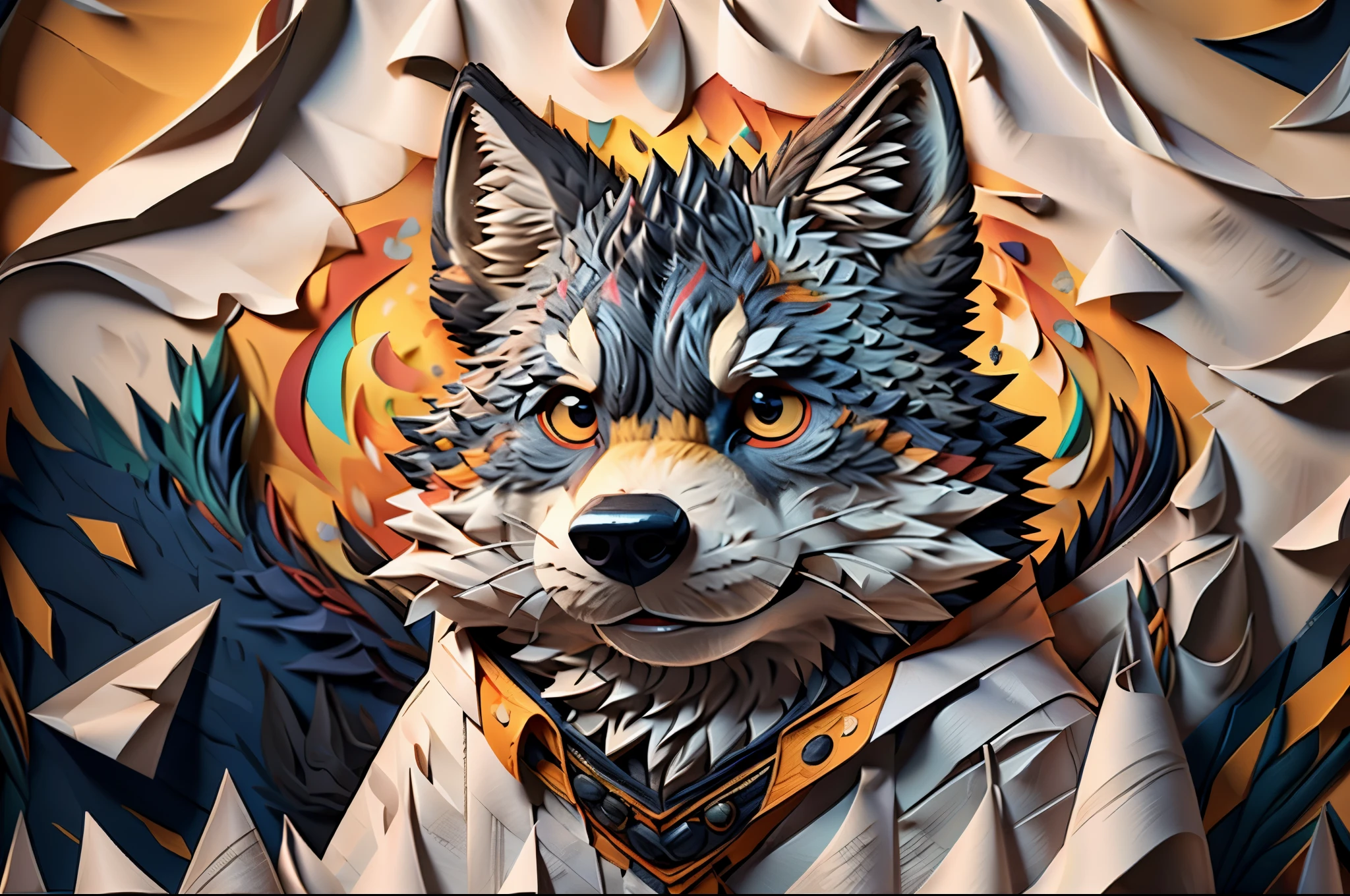 Scribble wolf face, ((cute)), anthro(wolf), (gray-black fur:1.5), comic style, white beard, white belly, (knight costume, long red cherry cloak), (close up:1.5), by takemoto arashi, by kamyuel, by milkytiger1145, by 96panda,front view, face focus, abstract background, (chibi:1.2), full body, (paper_cut:1.5), pastel color, multi dimensional quilling paper, yang08k, beautiful, colorful, Masterpieces, top quality, best quality, official art, beautiful and aesthetic,((16k ultra realistic))