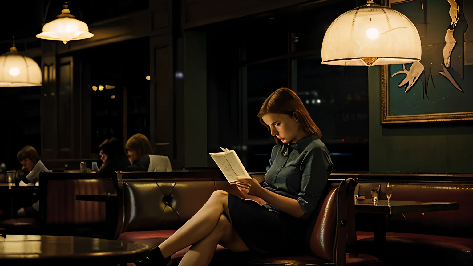 edward hopper style, lonely woman reading a book in a very large restaurant, night time
