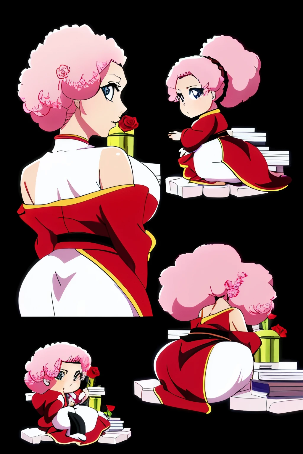 (masterpiece), best quality, expressive eyes, perfect face
((anime art style illustration))

A thick plus-size voluptuous body chibi anime character sitting down showing her back tattoo in different back view poses, of a chinese dragon with a rose infused with it, afro hair, full body, plain white background, different tokyo items added, shadows and lighting, 8k
, 