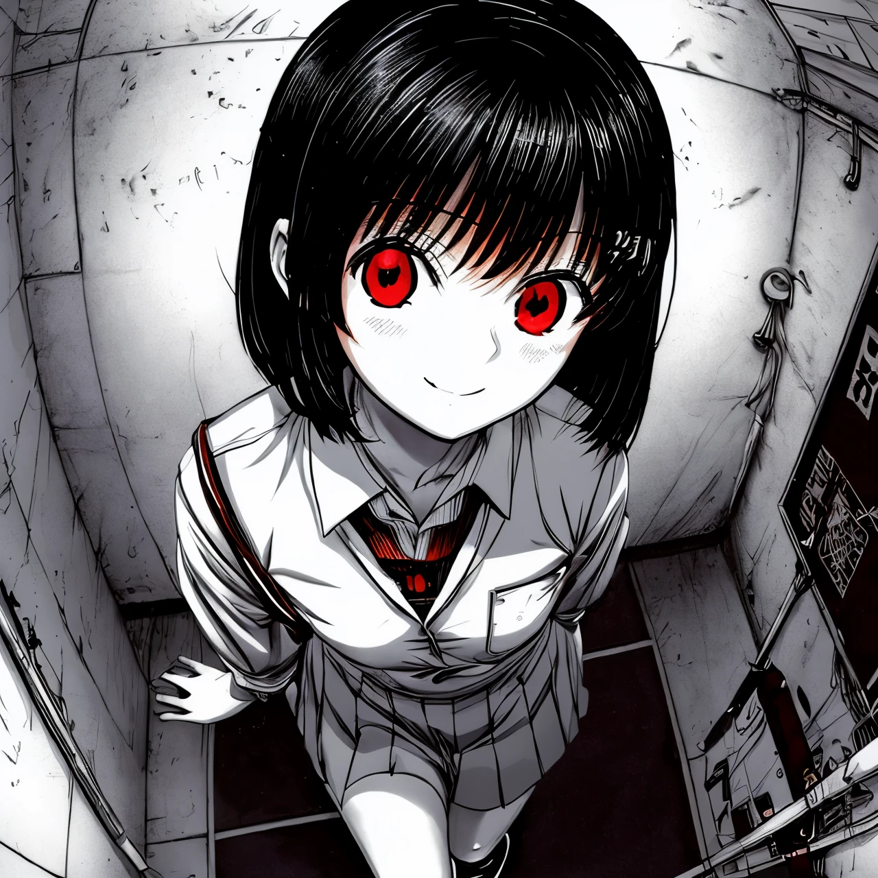 omao, monochrome, greyscale, 1girl, brown hair, female, glowing eye, red eyes, school uniform, serafuku, short hair, simple background, smile, solo, detail