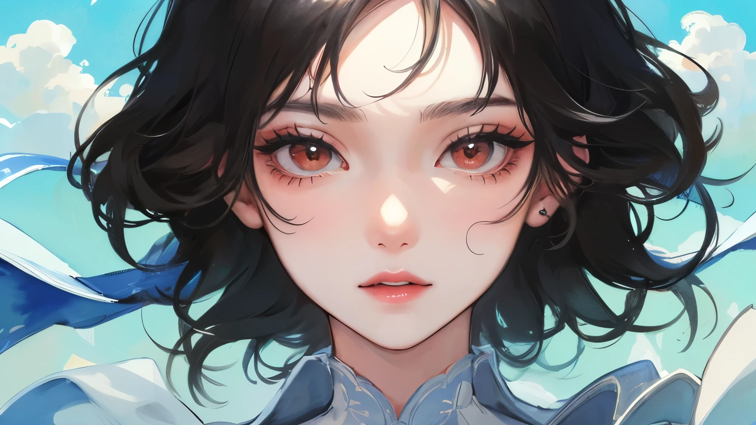 young girl black hair short hair red eyes irreverent face look down thin body thin thighs small breasts small ass toned body blue sky cloud hair blowing in the wind high quality High resolution 8k vampire watercolor natural feel bridge of the nose ((最high quality)), ((masterpiece)), (get used to it), dignified face grassland close up of face Beautiful as a goddess whole face lipstick eye shadow naked long eyelashes Accurate No decoration Bare skin No accessories In underwear My neck feels refreshed bikini top ID photo style