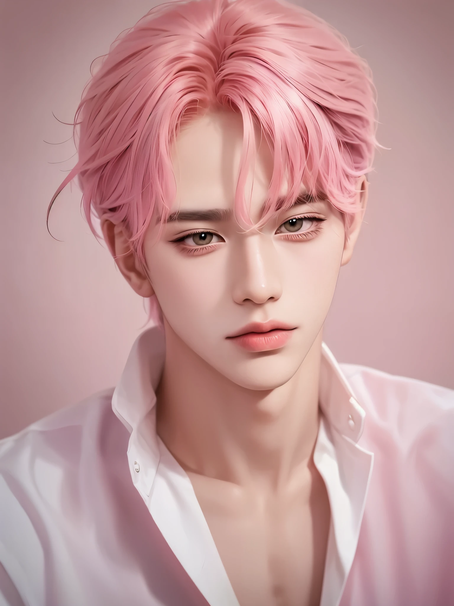 cute asian boy, professional model, pink hair, cute bright eyes, professional image, ultra quality