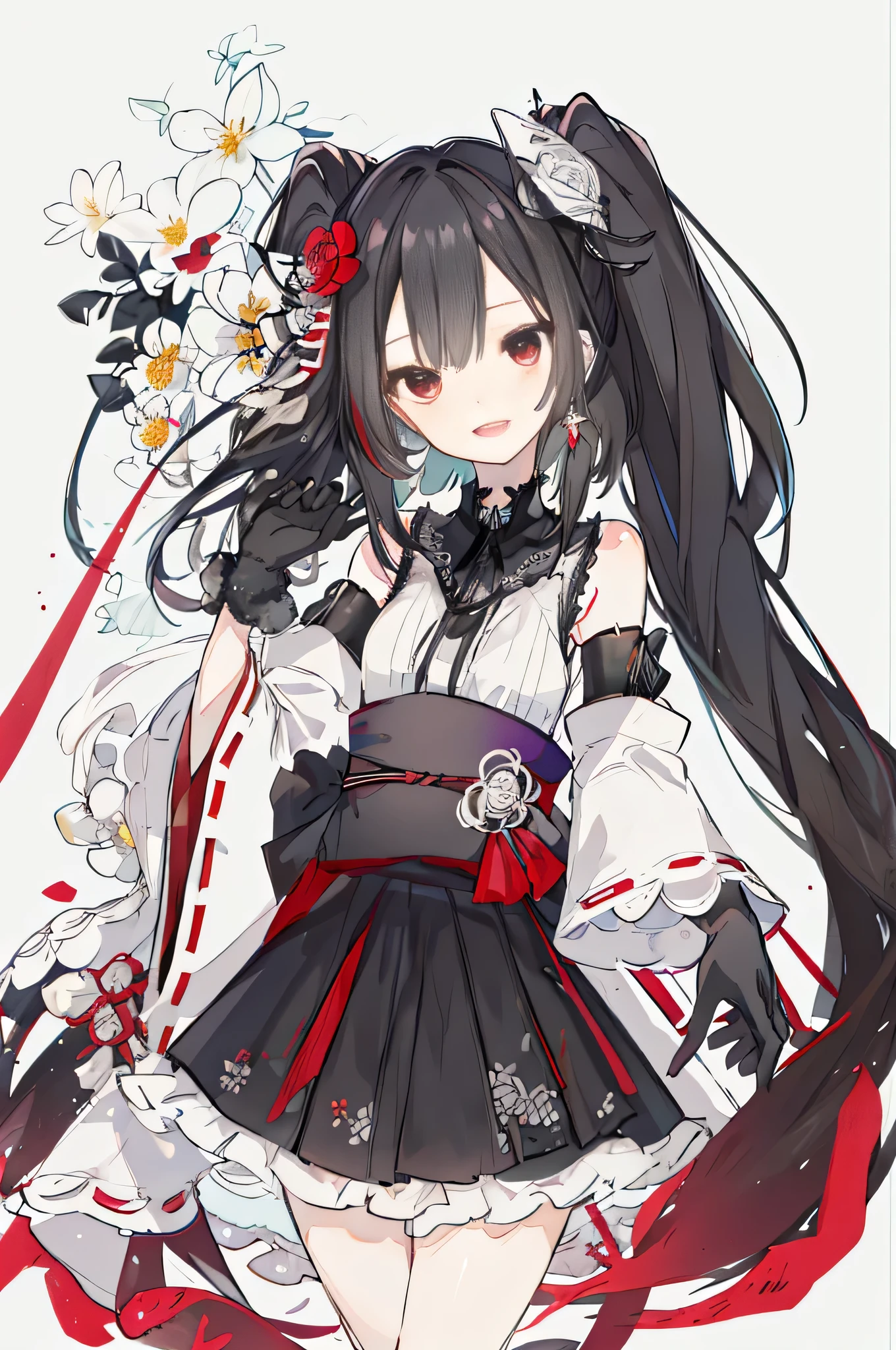 1girl, hatsune miku, solo, gloves, long hair,  twintails, flower, japanese clothes, hair ornament, white background, holding, very long hair, black gloves, lace gloves, simple background, hair flower, kimono, lace, open mouth, red flower, wide sleeves, sash, lace trim, smile, floral print, red eyes, tassel, bare shoulders, earrings, cowboy shot, jewelry, black hair, hair between eyes, obi, aqua skirt, skirt, strapless, looking at viewer, detached sleeves, detached collar, striped, frills, bangs,((black hair)),red eyes,