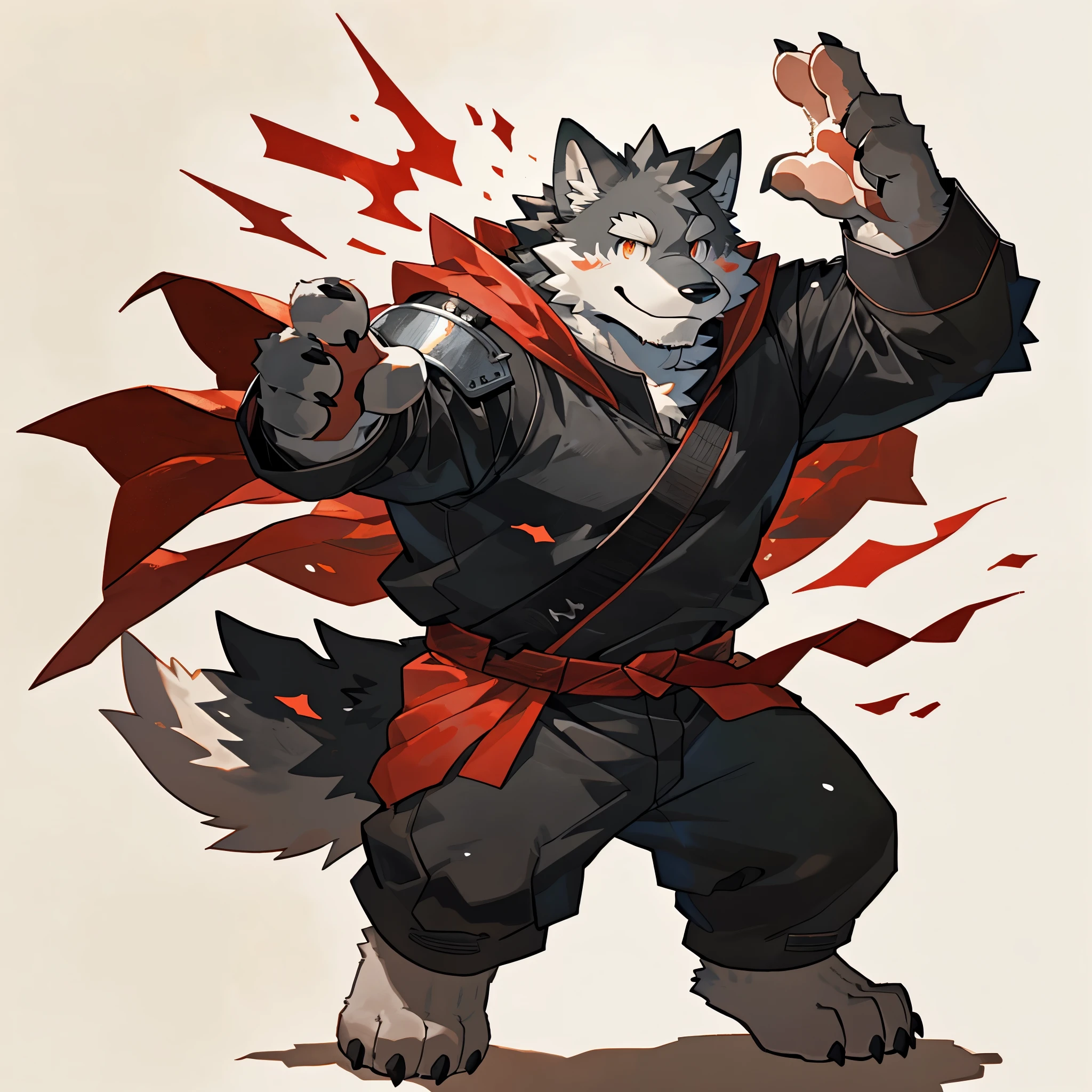 Scribble wolf face, ((cute)), anthro(wolf), (gray-black fur:1.5), white beard, (knight costume, long red cherry cloak), generous smile, (dynamic pose:1.6), simple background, printmaking style, by takemoto arashi, by kamyuel, by milkytiger1145, by 96panda