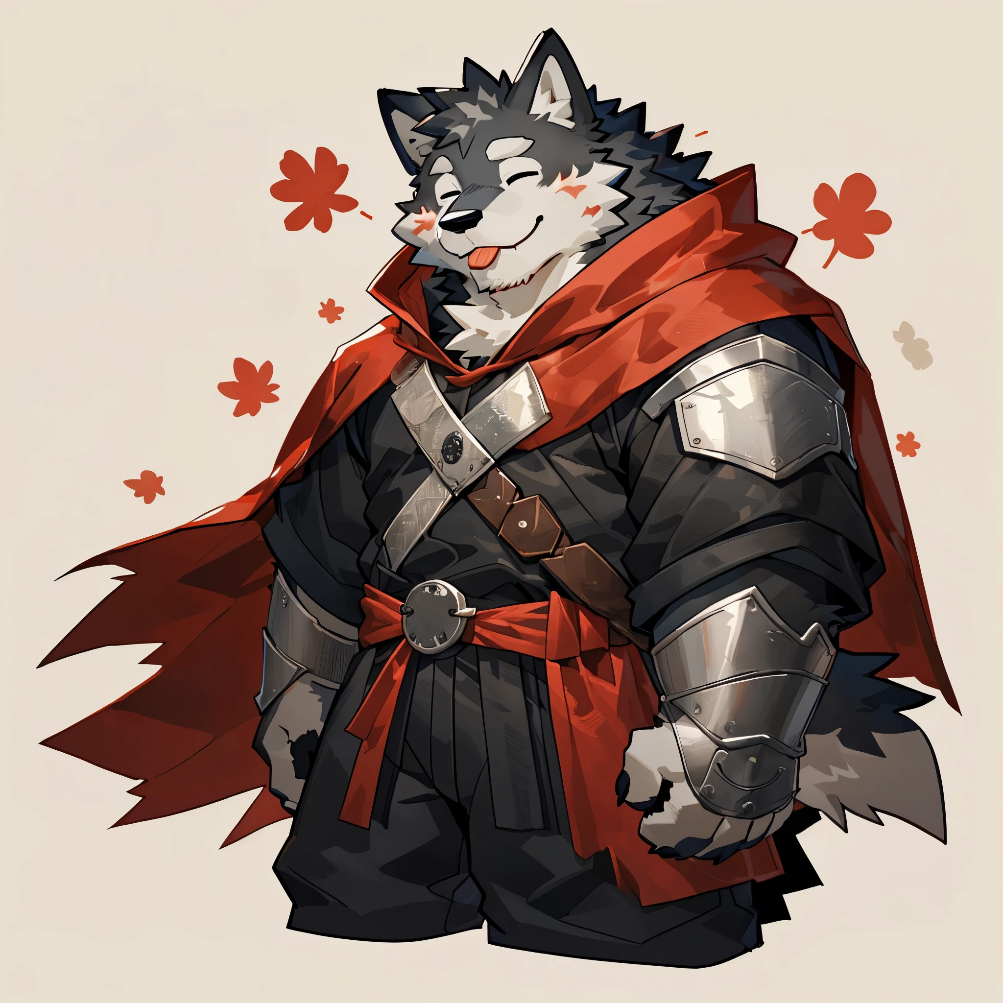 Scribble wolf face, ((cute)), anthro(wolf), (gray-black fur:1.5), white beard, (knight costume, long red cherry cloak), (blep:1.3), smile, (closed eyes blinking:1.5), simple background, printmaking style), by takemoto arashi, by kamyuel, by milkytiger1145, by 96panda