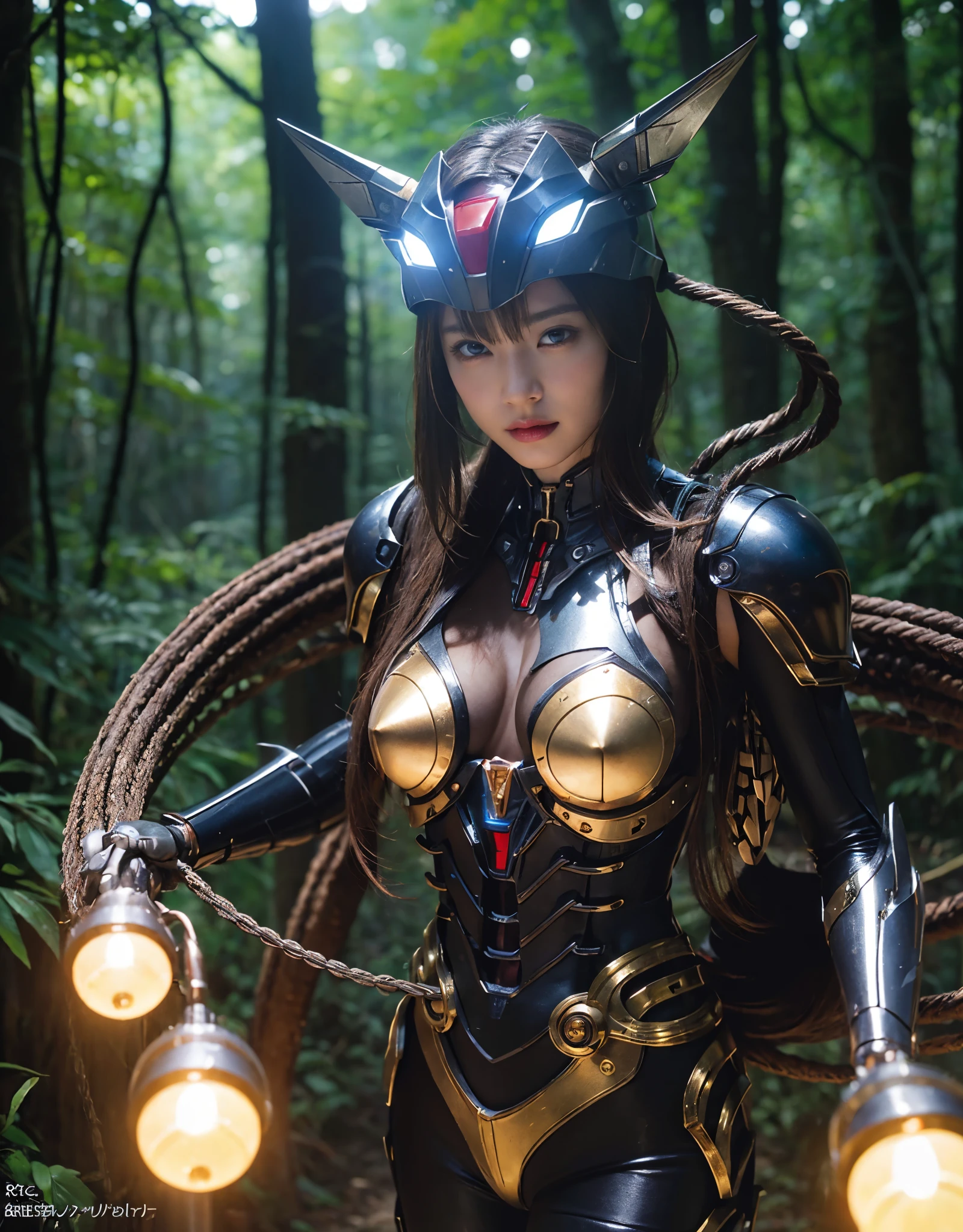 ((battle with monsters))、highest quality、masterpiece、ultra high resolution、(Photoreal:1.4)、RAW photo、1 girl、golden hair、glowing skin、(((1 Mechanical Girl)))、with a beautiful knife、(Blue Metal Bodysuit)、(beautiful forest background)、(battle with monsters)、(Small LED)、((Ultra realistic details))、vertical giant monster background),global illumination、Shadow、octane rendering、8k、super sharp、big breasts、The bare skin of the cleavage is exposed、Metal、intricate decorative details、Japan details、very intricate details、realistic light、Trends in CG society、red eyes、Eyes shining towards the camera、Mechanical vertebrae attached to back with mechanical edge blood vessels connected to neon details tubes、cervical vertebrae mechanically attached to the neck、(Wires and cables connecting to the head)、gundam、Small LED、,mechanical thighs、2 stocks、(Hands are also made of machineonster attack)、(injured in a deadly fight)、