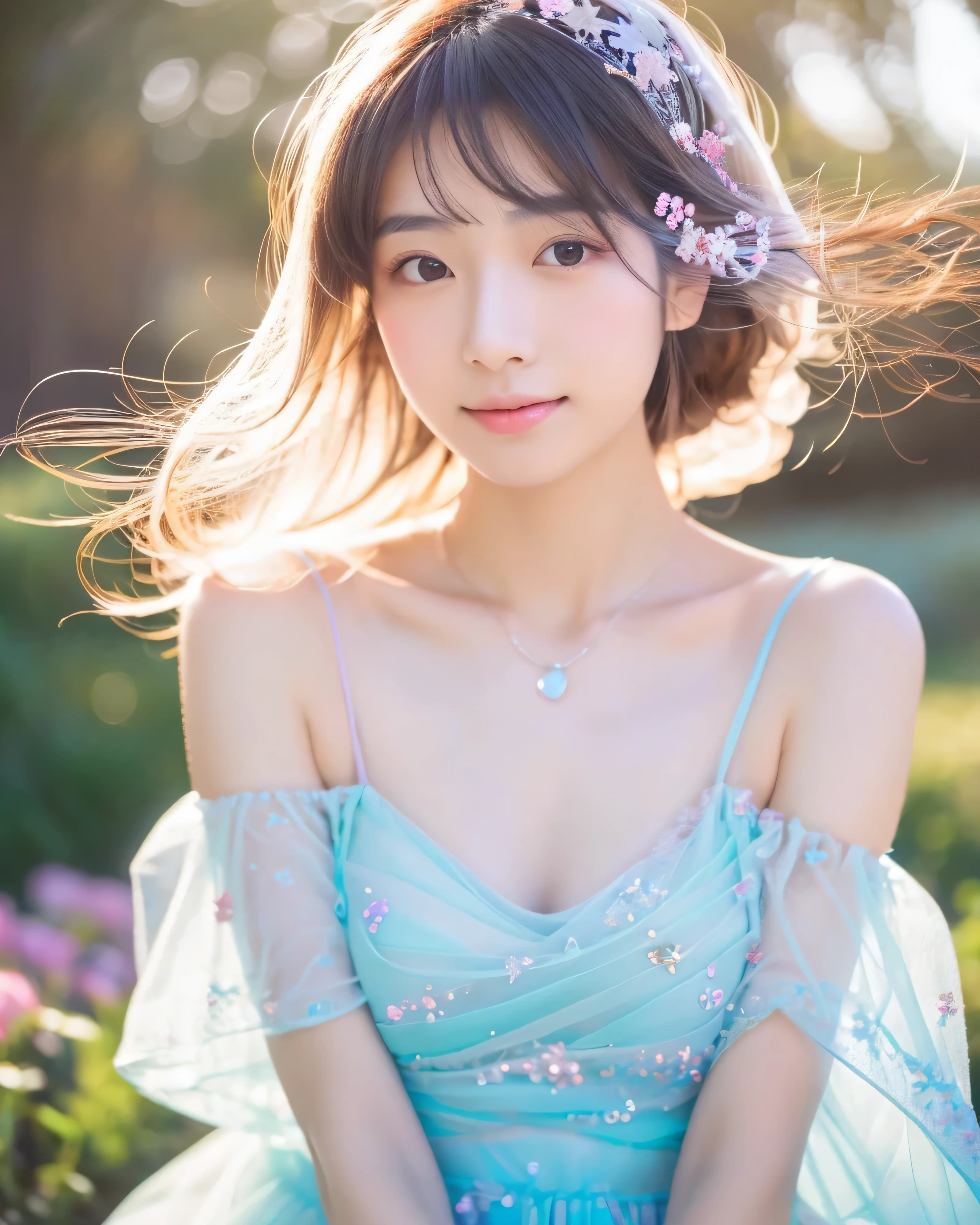beautiful japanese woman, Mysterious girl wearing a transparent cloth, knee shot, Unforgettable fantasy portrait in abstract style, Crystals decorating hair, In a swirl of fantastic pastel colors and soft light, Evoking a sense of tranquil serenity and elusive beauty, big magic eyes, soft smile, smooth soft skin, Attractive pink lips, natural makeup, A fleeting expression, perfect collarbone, High resolutionの完璧な胸元, High resolutionの美しい太もも,(highest quality, 32K, High resolution, masterpiece:1.2)