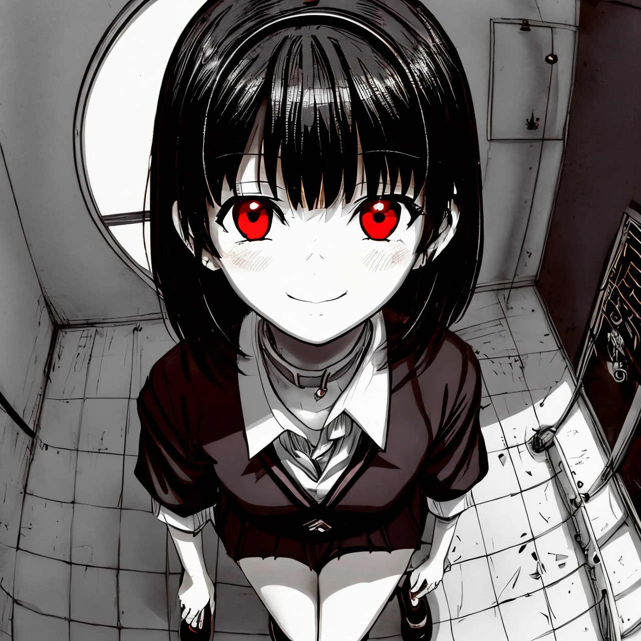 omao, monochrome, greyscale, 1girl, brown hair, female, glowing eye, red eyes, school uniform, serafuku, short hair, simple background, smile, solo, detail
