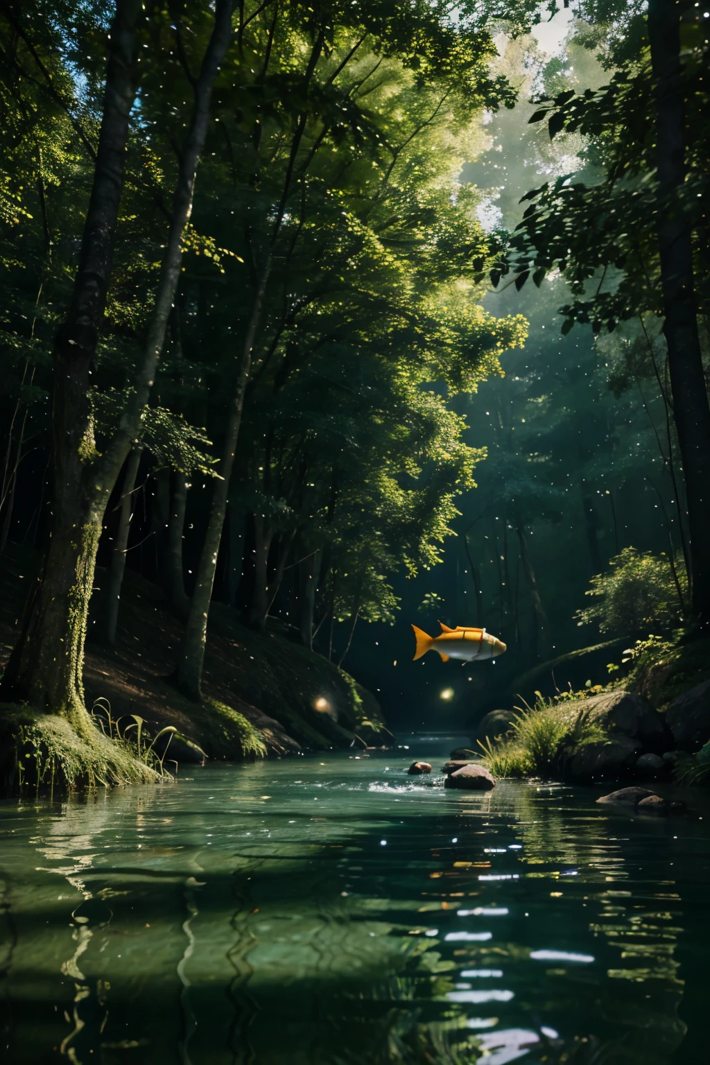 Realistic Fish swimming through animated and glowing forest trees