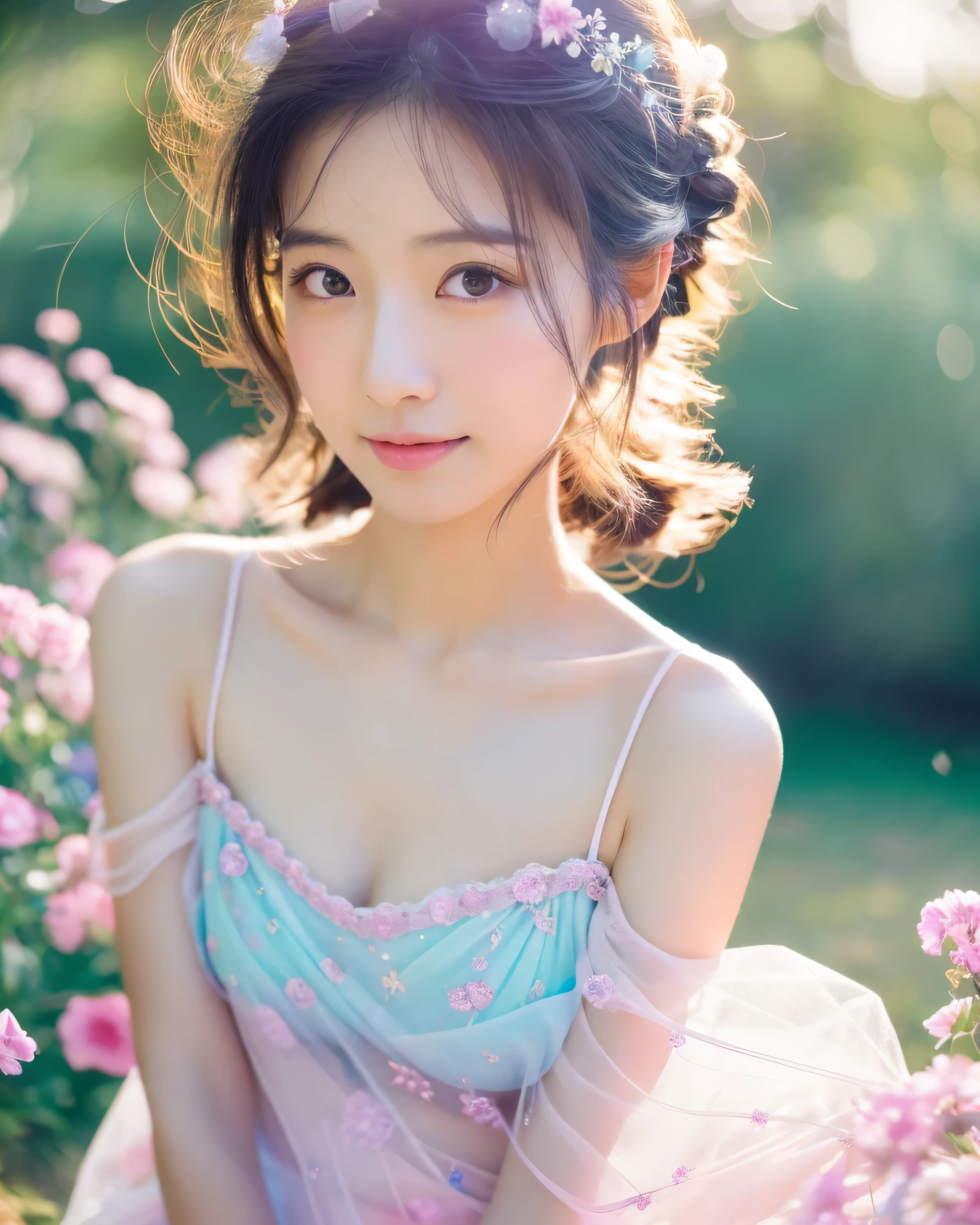 beautiful japanese woman, Mysterious girl wearing a transparent cloth, knee shot, Unforgettable fantasy portrait in abstract style, Crystals decorating hair, In a swirl of fantastic pastel colors and soft light, Evoking a sense of tranquil serenity and elusive beauty, big magic eyes, soft smile, smooth soft skin, Attractive pink lips, natural makeup, A fleeting expression, perfect collarbone, High resolutionの完璧な胸元, High resolutionの美しい太もも,(highest quality, 32K, High resolution, masterpiece:1.2)