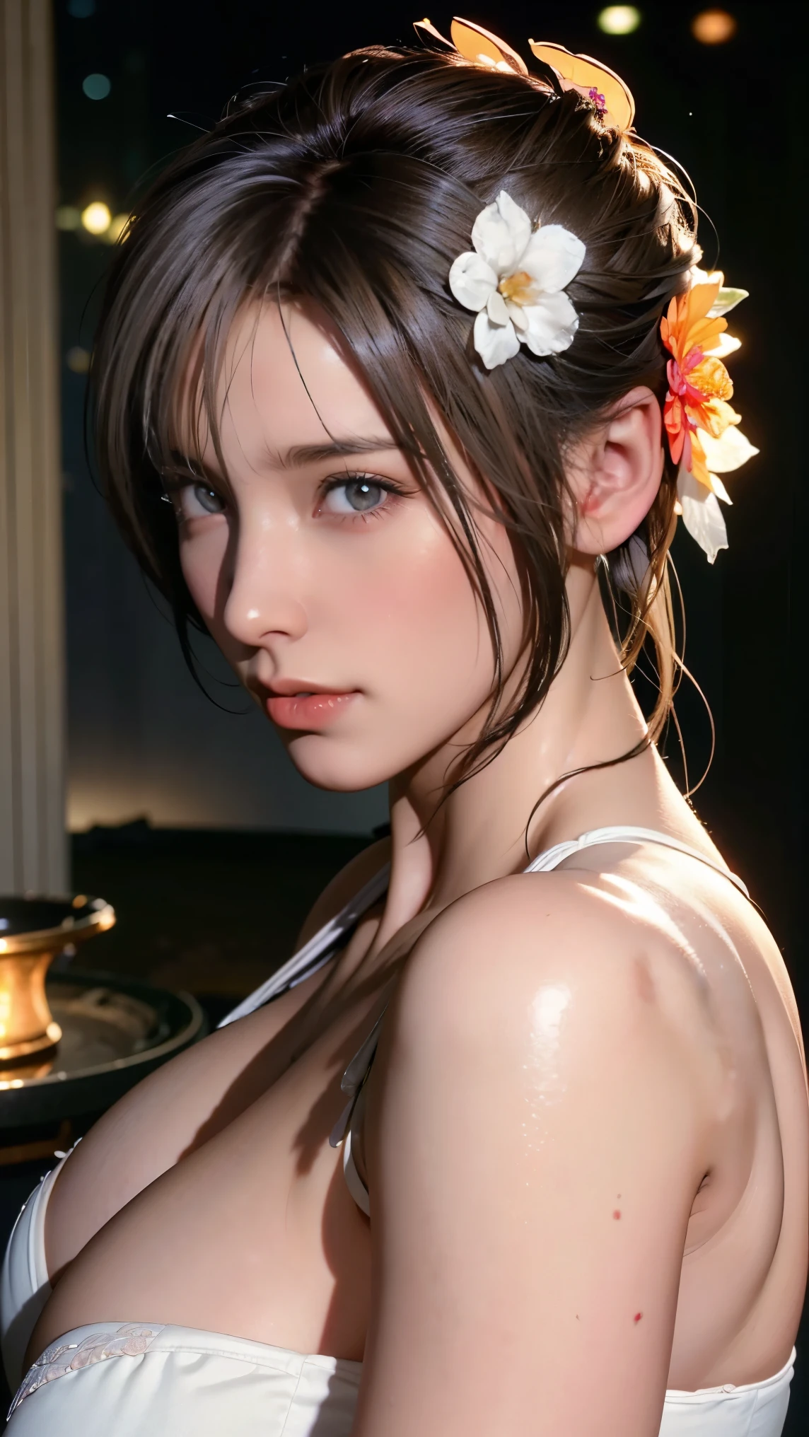 best quality, masterpiece, (actual:1.2), 1 girl, Detailed face, beautiful visual work:1.2, best quality),(big breasts:1.7)，huge ， (Delicate and beautiful eyes: 1.2), (Extremely detailed CG unified 8k wallpaper, masterpiece, best quality, Super detailed, best shadow), (Detailed background), (beautiful Detailed face, Beautiful and delicate eyes), french braid, masterpiece, braided bun, Side ponytail, best quality, (hair flower:1.5),high contrast, (best lighting, extremely delicate and beautiful),1 girl, dynamic angle, Beautiful and detailed light, full-body shot, slim waist, (white hair:1.6)，(light brown hair:1.6), (double bun:1.5), purple eyes, best quality, masterpiece, (actual:1.2), lotus, luminescent, in the night sky, full of stars, Very detailed, ultra high resolution, super high quality,