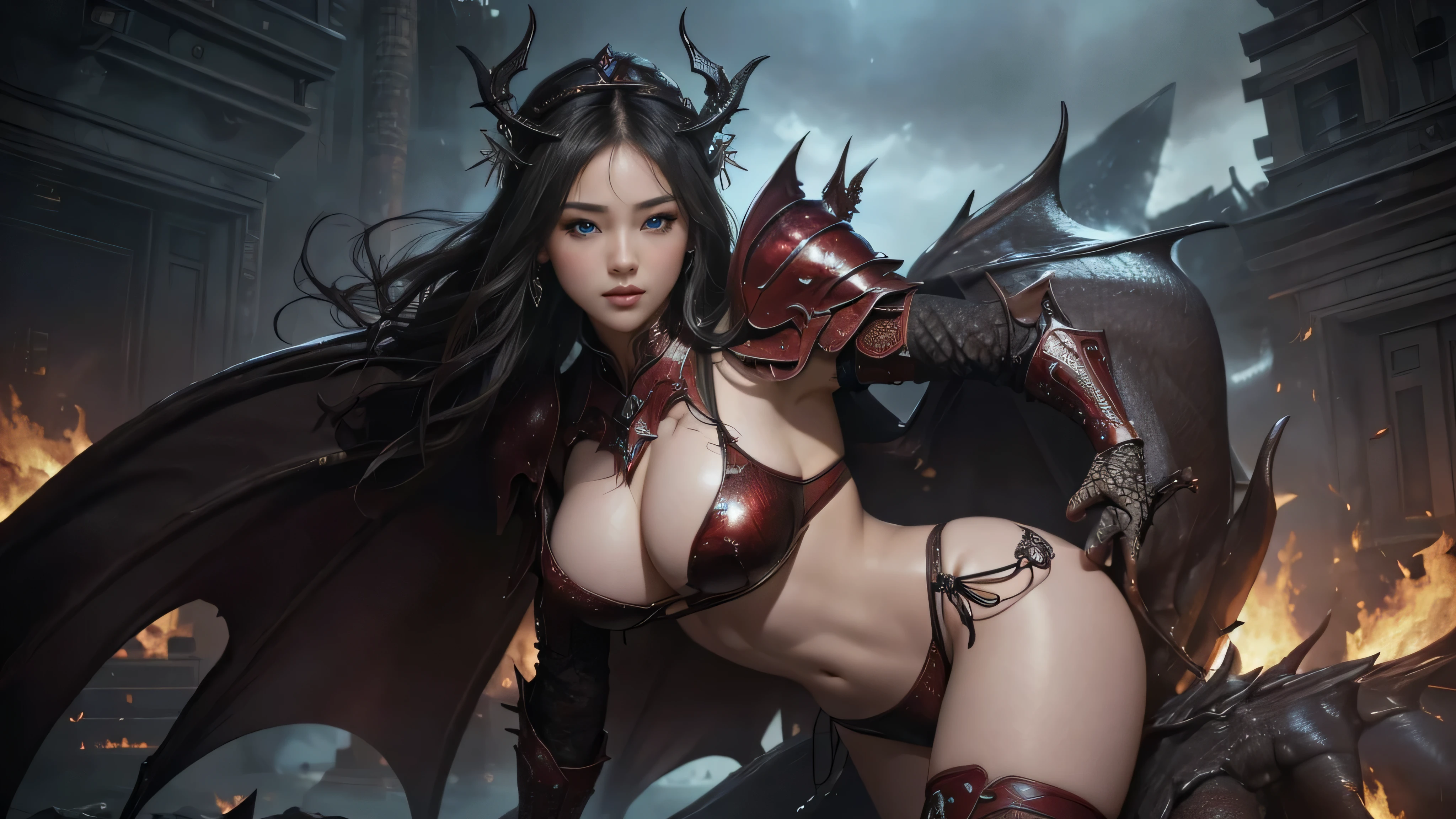 (( masterpiece : 1.2 )), ((8k res )),((camera from below )) ((ultra-detailed , ultra realistic : 1.2)) ,clean images ,(( Portrait of a female queen half body wearing sexy dark dragon armor ,seduced pose , photo realistic , background : battleground, ruined city, blazing fire )) , colossal boobies , nice butt , nice thigh ,(( sexy bikini armor )) sexy knight , sexy succubus ,sexy wizard  , ((pretty asian face)) ,  pretty eyes  , ( sexy pose ) , seduced face ,  , seduced pose , dynamic pose . landscape