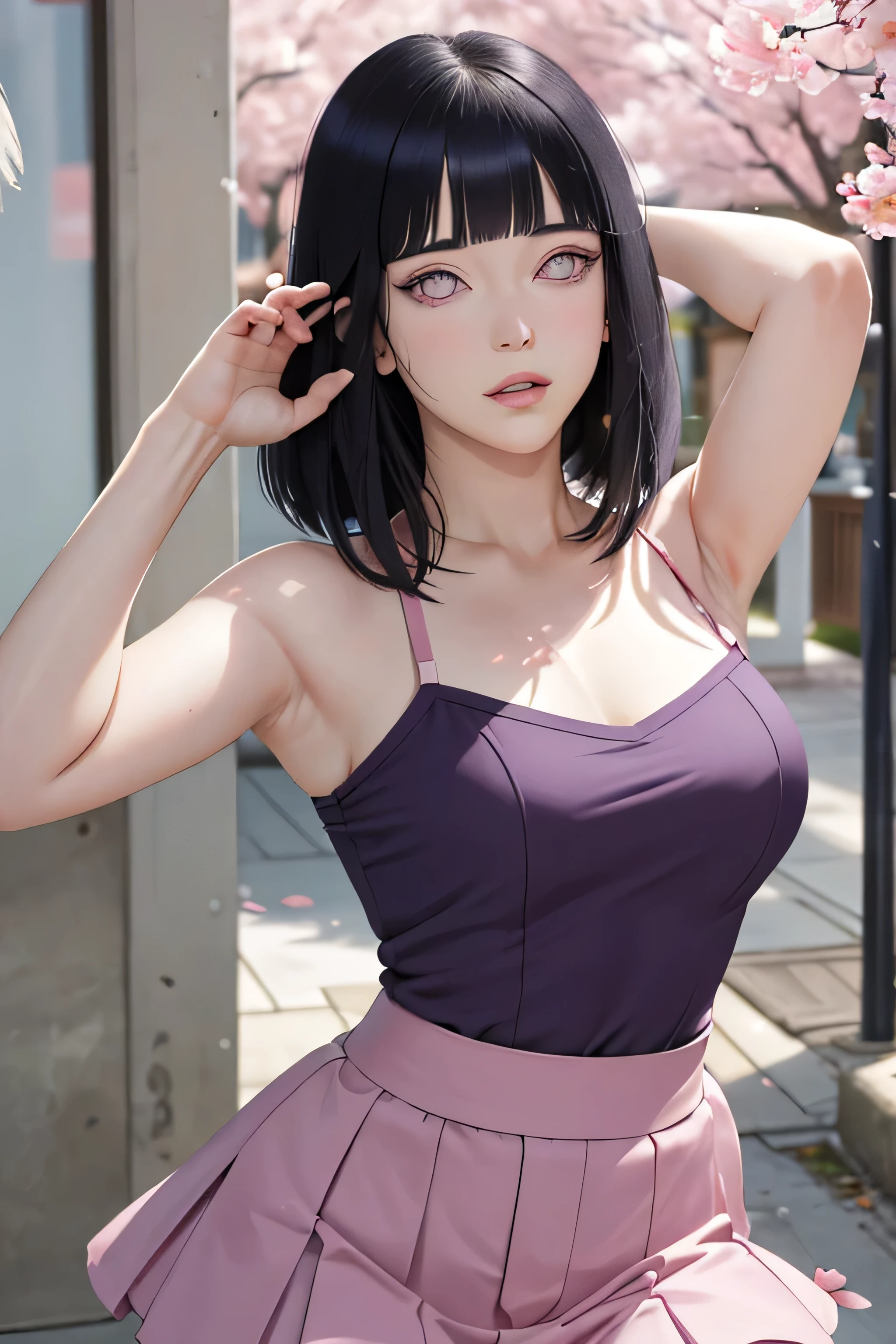 masterpiece, absurdres, hinata\(boruto\), 1girl, solo,mature female, spaghetti strap square neck, high waist short skirt, looking at viewer, (falling petals), perfect composition, detailed lips, voluptuous, beautiful face, body propotion, blush, (pink lips), long hair,  purple eyes,  soft gaze,  super realistic, detailed, photoshoot, realistic face and body, armpits