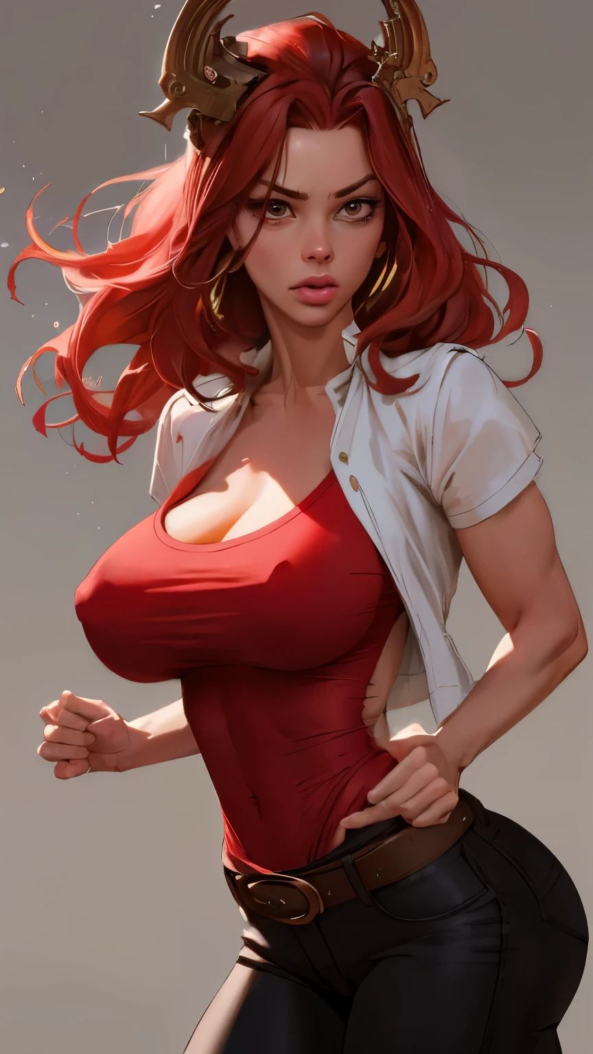 Girl with wavy red hair and rebellious, ((hair slicked back)), (angry eyes), erect nipples under clothes, ((dark circles around eyes)), golden eyes and tanned skin, ancient roman pirate style clothes, (gigantic breasts), background with clouds, realistic manhwa style, (Thick and intricate lines drawn on the chest), (slendered abs), Three-dimensional helmet,Perfect balance,Highly detailed CG Unity 8K wallpaper, Perfect Lighting, masutepiece,Best Quality, 超A high resolution,4K,Ultra-detailed, Photography, 8K, nffsw, hight resolution, absurderes:1.2, Kodak Portra 400, Film grain, Lens Flare,professional photograpy, ((Anatomically correct)),