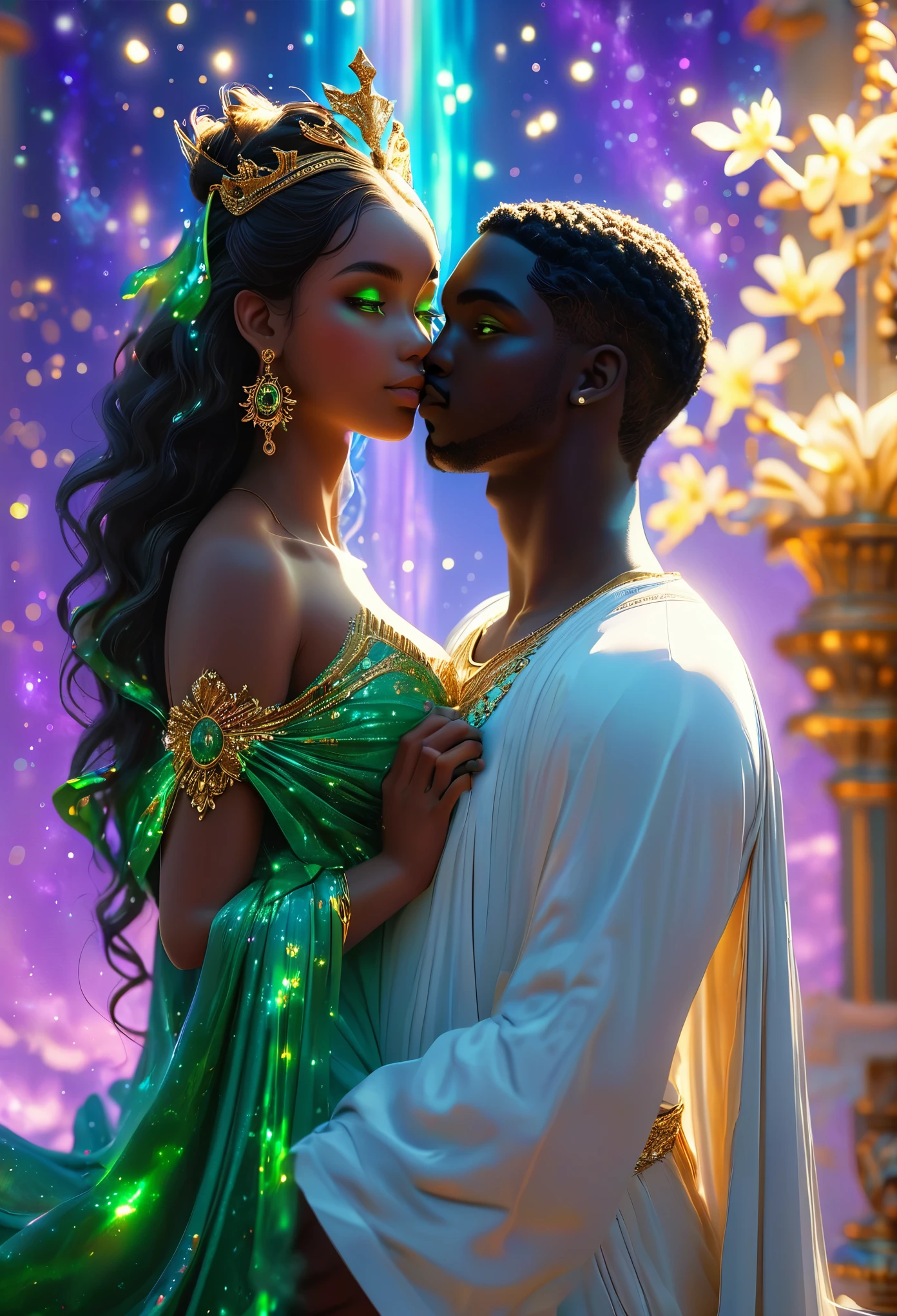 Loving (((blackskinned))) couple in a celestial landscape, young dark-skinned couple in their 20s, holding a scepter in a celestial court, a ((((blackskinned))) man and a ((((blackskinned))) woman, he is an imperial judge, ((dark-haired with violet eyes)), ((she is a pregnant imperial judge)), ((dark-haired with long hair and green eyes)), Full body, 8K, extremely detailed, high quality, (photorealistic:1.37), Full body, ideal proportions and defined complexion, meticulously crafted features, unreachable beauty, perfection, breathtaking elegance, g curves, goddess-like figures, divine symmetry, artistic masterpieces, vivid realism, hyper-detailed sculptures, life-like forms, truly awe-inspiring, impeccable craftsmanship, pure radiance, ethereal beauty, delicate contours, striking poses, sublime beauty, subtle nuances, dynamic compositions, vibrant colors, perfect lighting, soulful expressions, celestial aura, majestic presence, dreamlike atmosphere, unmatched gdetailed octane render trending on artstation, 8 k artistic photography, photorealistic concept art, soft natural volumetric cinematic perfect light, chiaroscuro, award - winning photograph, masterpiece, perfect composition, beautiful detailed intricate insanely