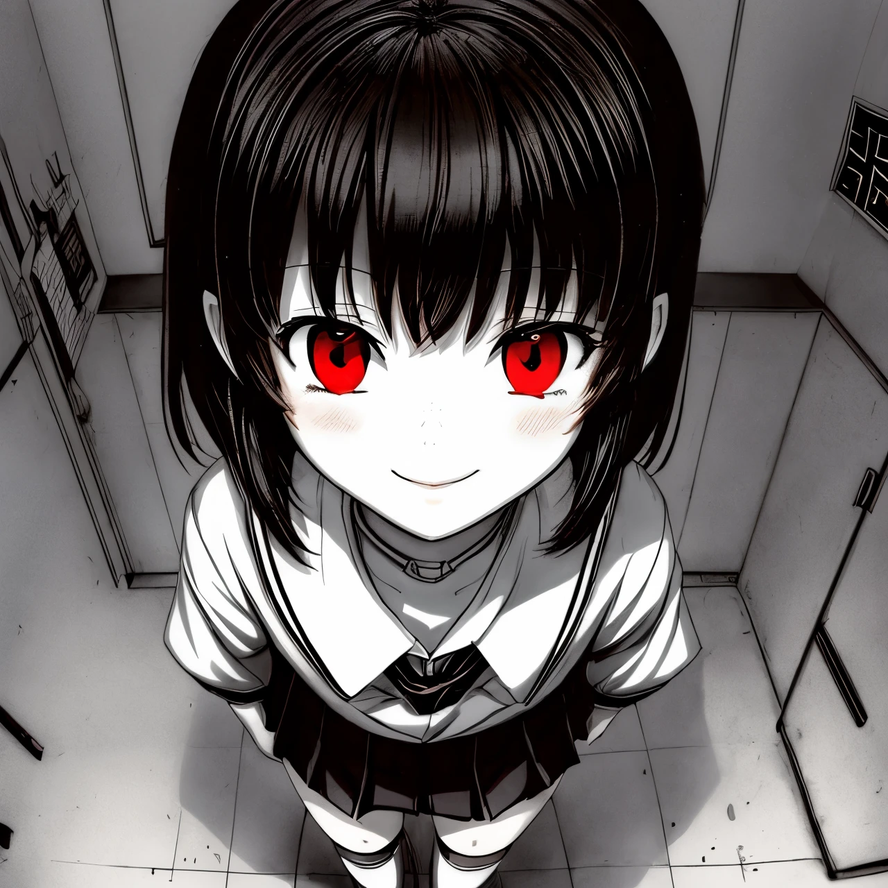 omao, monochrome, greyscale, 1girl, brown hair, female, glowing eye, red eyes, school uniform, serafuku, short hair, simple background, smile, solo, detail