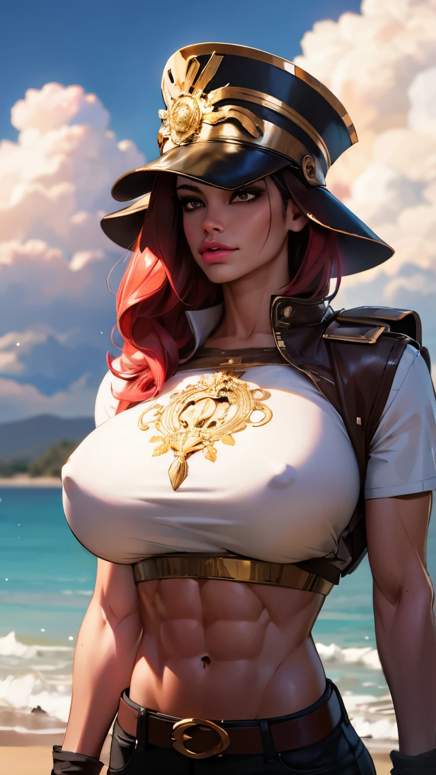 Girl with wavy red hair and rebellious, ((hair slicked back)), (angry eyes), erect nipples under clothes, ((dark circles around eyes)), golden eyes and tanned skin, ancient roman pirate style clothes, (gigantic breasts), background with clouds, realistic manhwa style, (Thick and intricate lines drawn on the chest), (slendered abs), Three-dimensional helmet,Perfect balance,Highly detailed CG Unity 8K wallpaper, Perfect Lighting, masutepiece,Best Quality, 超A high resolution,4K,Ultra-detailed, Photography, 8K, nffsw, hight resolution, absurderes:1.2, Kodak Portra 400, Film grain, Lens Flare,professional photograpy, ((Anatomically correct)),
