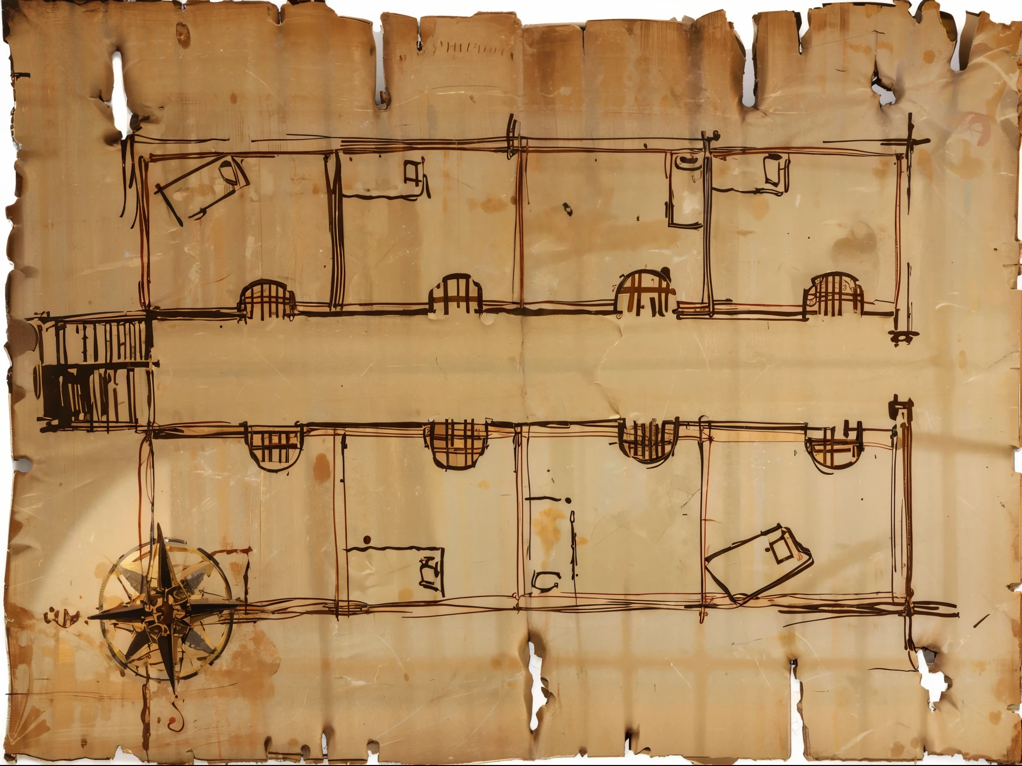 best quality，masterpiece，（：1.5），A hand-drawn parchment map，worn parchment，Medieval hand drawn maps，architectural base map，Map with pen on kraft paper，Depiction of eight rooms，prison room，There are two stairs on the far side of the map.，One up，One down，reference《Lord of the Rings》，（Stanley Ategg Liu：0.106），（a detailed ：0.353），（Renaissance classical style：0.8）