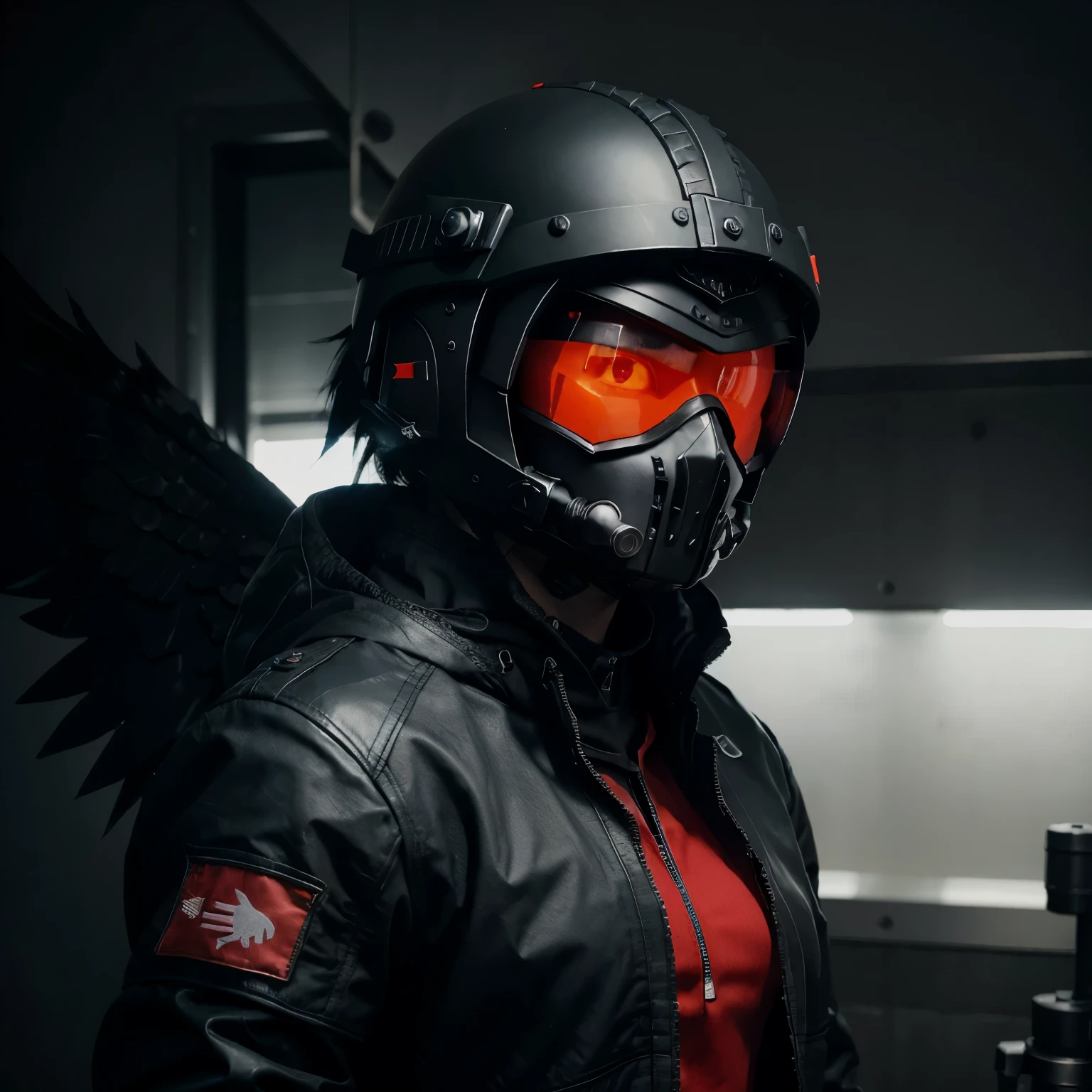 a close up of a person in a black jacket and red helmet, mechanic punk outfit, roblox avatar, black wings instead of arms, in a dark space mercenary outfit, crow in cyber armour, black aarakocra eagle warlord, pilot outfit, pitchblack skin, red and black cape and hoodie, jet - black skin, ninja outfit