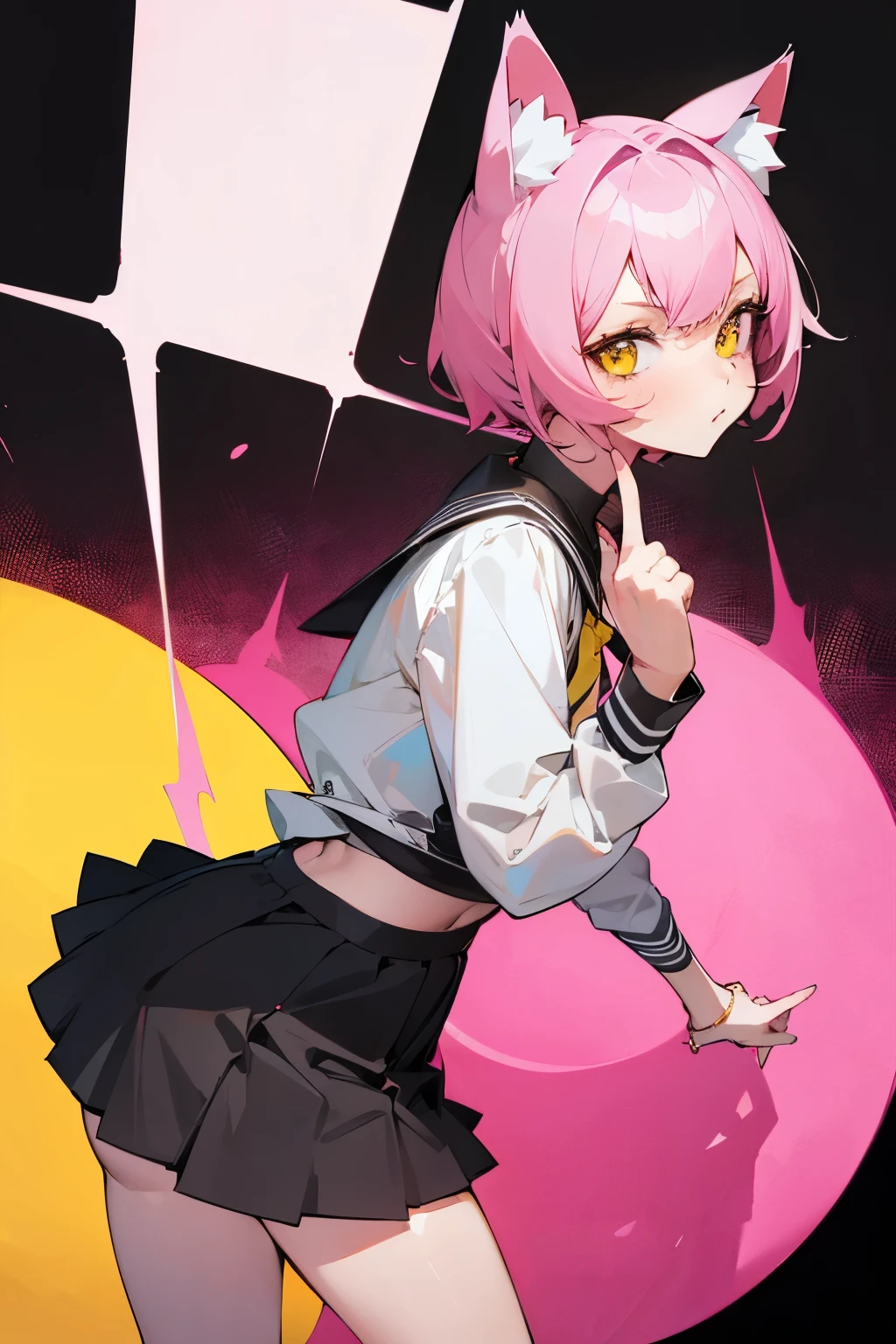 Cute girl, short pink hair, yellow eyes, cat ears, short skirt 🍑🖕