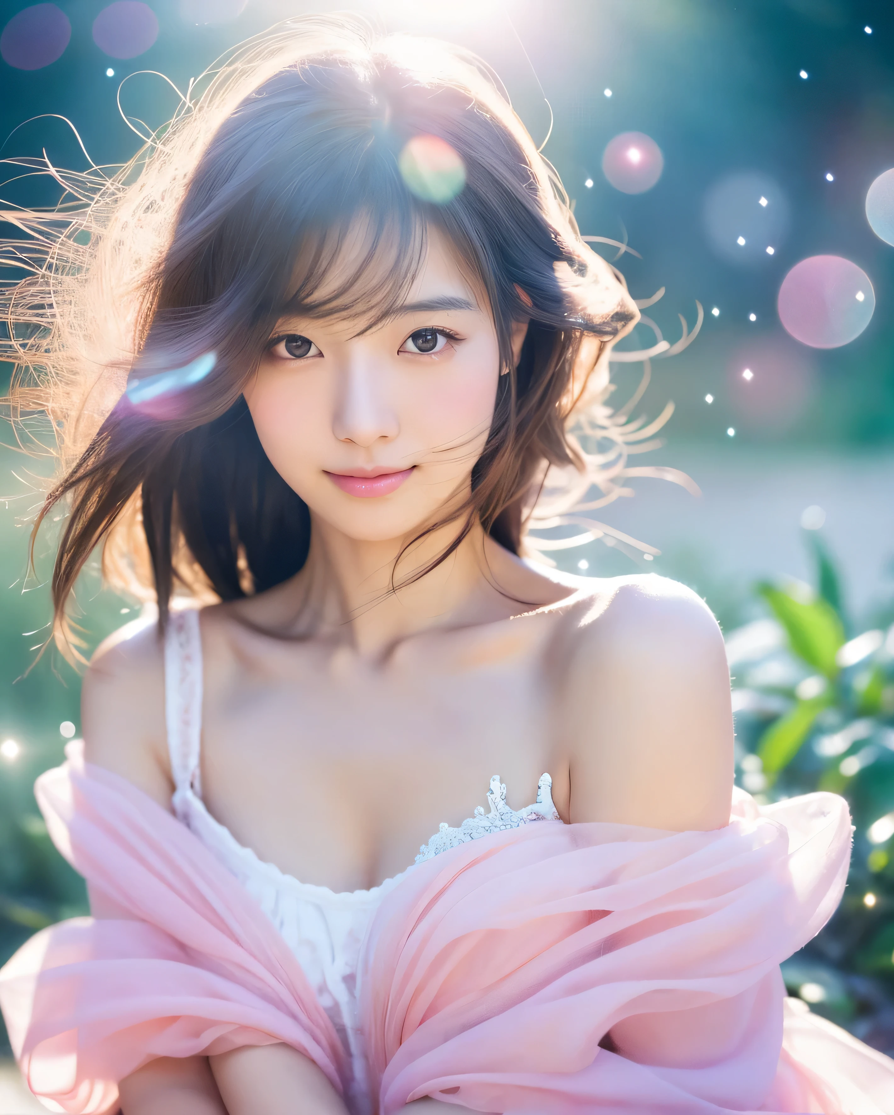 beautiful japanese woman, Mysterious girl wearing a transparent cloth, knee shot, Unforgettable fantasy portrait in abstract style, Crystals decorating hair, In a swirl of fantastic pastel colors and soft light, Evoking a sense of tranquil serenity and elusive beauty, big magic eyes, soft smile, smooth soft skin, Attractive pink lips, natural makeup, A fleeting expression, perfect collarbone, High resolutionの完璧な胸元, soft and plump breasts, High resolutionの美しい太もも,(highest quality, 32K, High resolution, masterpiece:1.2)