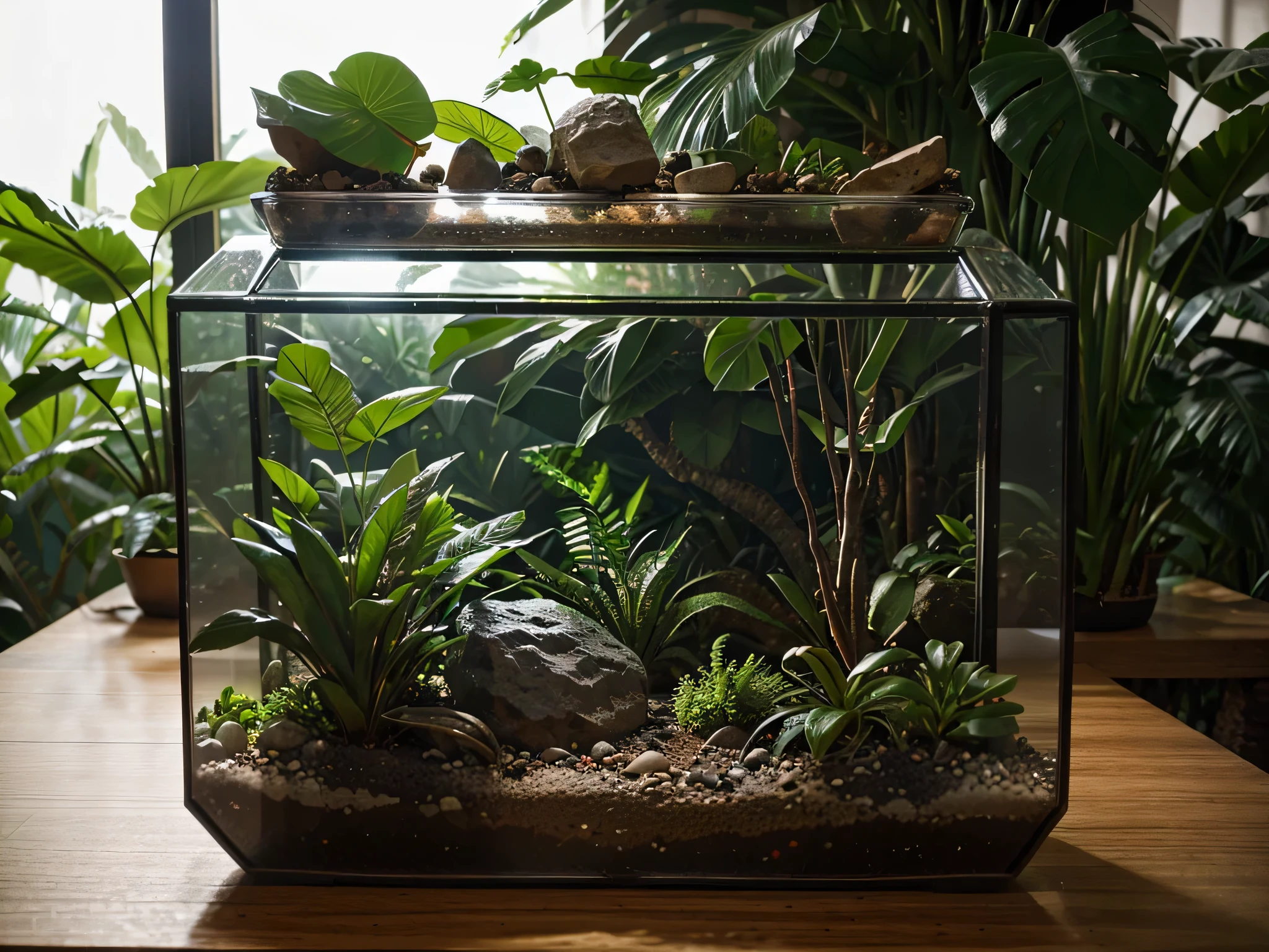 Un terrario en un recipiente de vidrio rectangular con aspecto de jungla., muchas plantas, rocks on a shelf with a cinematic look and visual composition rules.