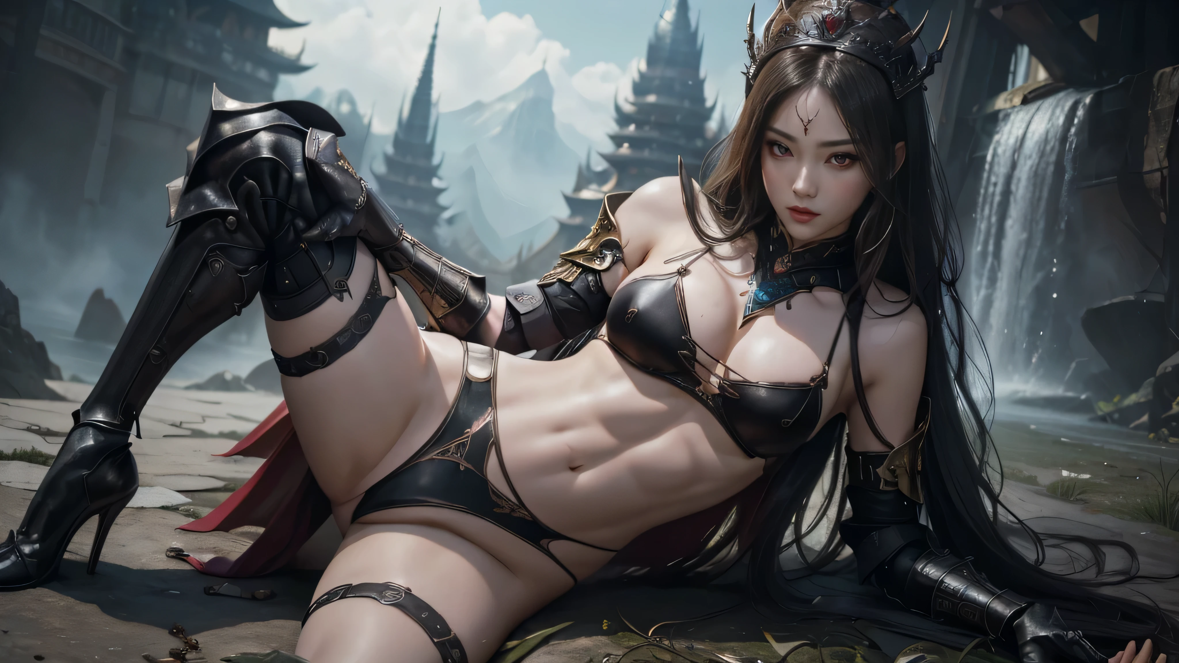 (( masterpiece : 1.2 )), ((8k res )),((camera from below )) ((ultra-detailed , ultra realistic : 1.2)) ,clean images ,(( Portrait of a female queen half body wearing sexy dark demon armor ,seduced pose , photo realistic , background : random )) , colossal boobies , nice butt , nice thigh ,(( sexy bikini armor )) sexy knight , sexy succubus ,sexy wizard , ((pretty asian face)) , pretty eyes , ( sexy pose ) , seduced face , , seduced pose , dynamic pose . landscape