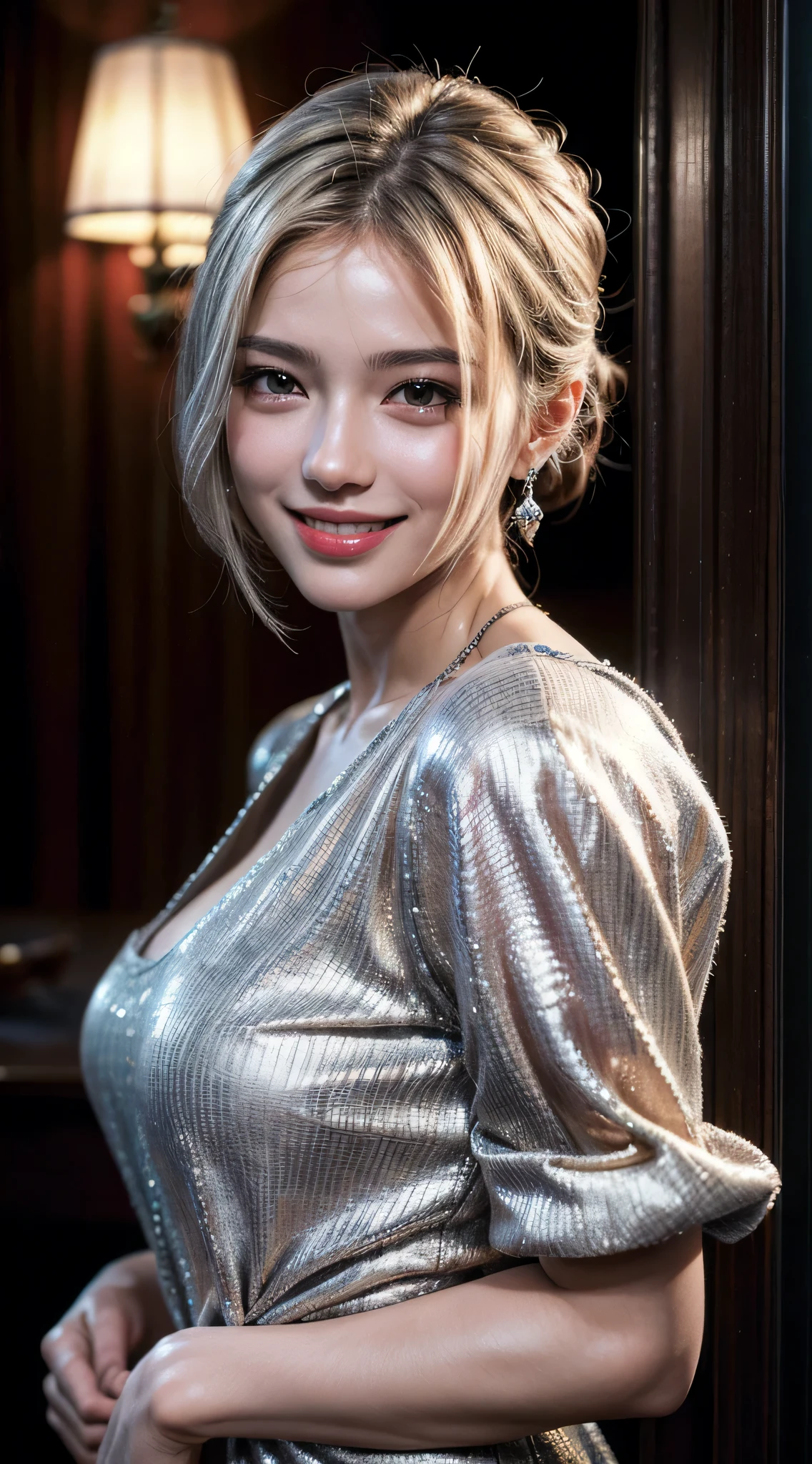 Best quality, masterpiece, ultra high res, (photorealistic:1.4), raw photo, 1girl, silver hair,  Formal Updo,shiny skin, dramatic lighting,(smile:1.2)