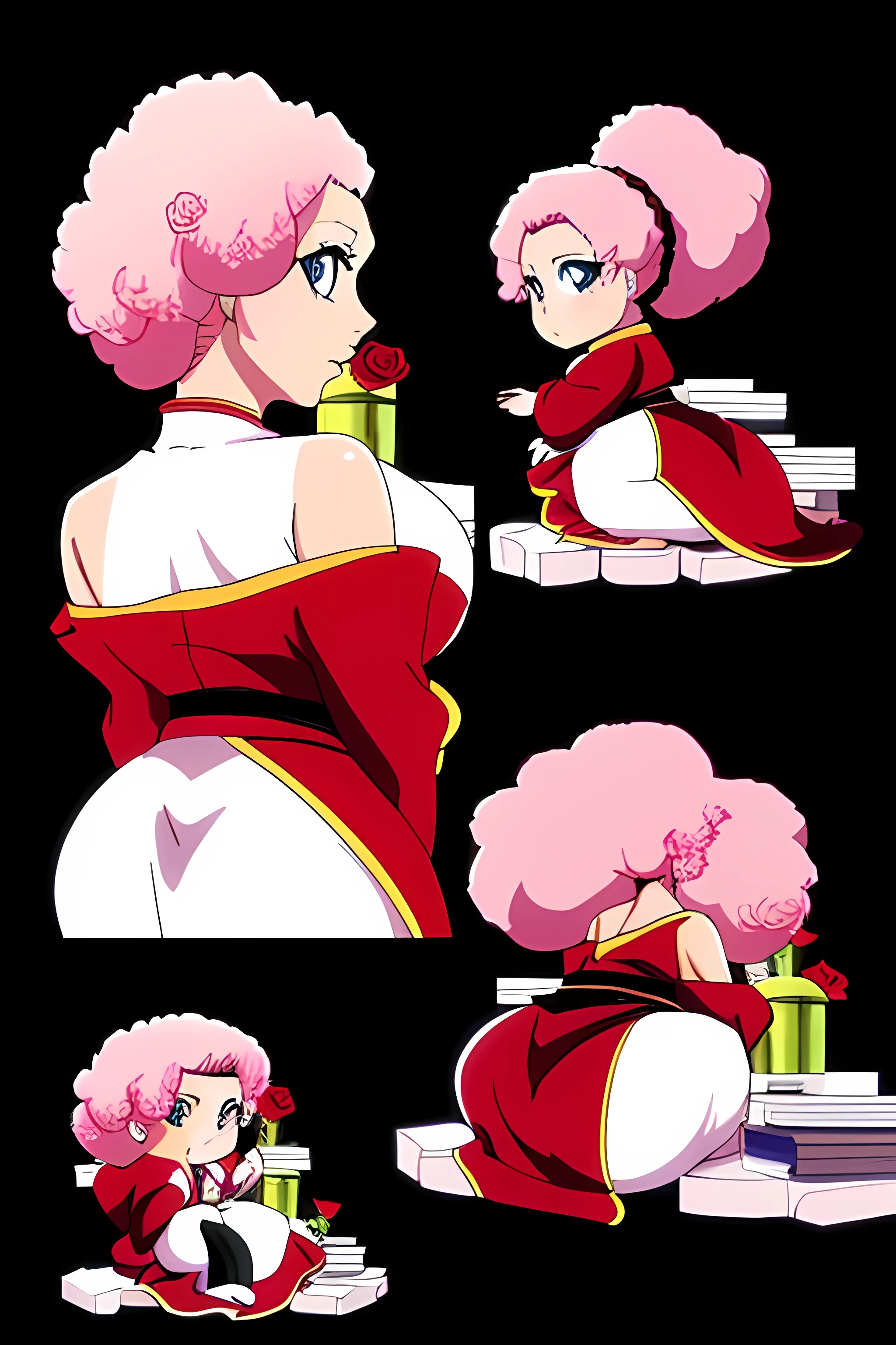 (masterpiece), best quality, expressive eyes, perfect face
((anime art style illustration))
A thick plus-size voluptuous body chibi anime character sitting down showing her back tattoo in different back view poses, of a chinese dragon with a rose infused with it, afro hair, full body, plain white background, different tokyo items added, shadows and lighting, 8k
,