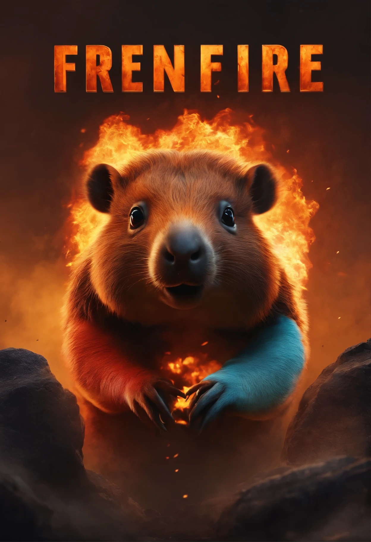un logo animado para un equipo de free fire que en el centro tenga un capibara bebeb animado con fuego a su alrededor