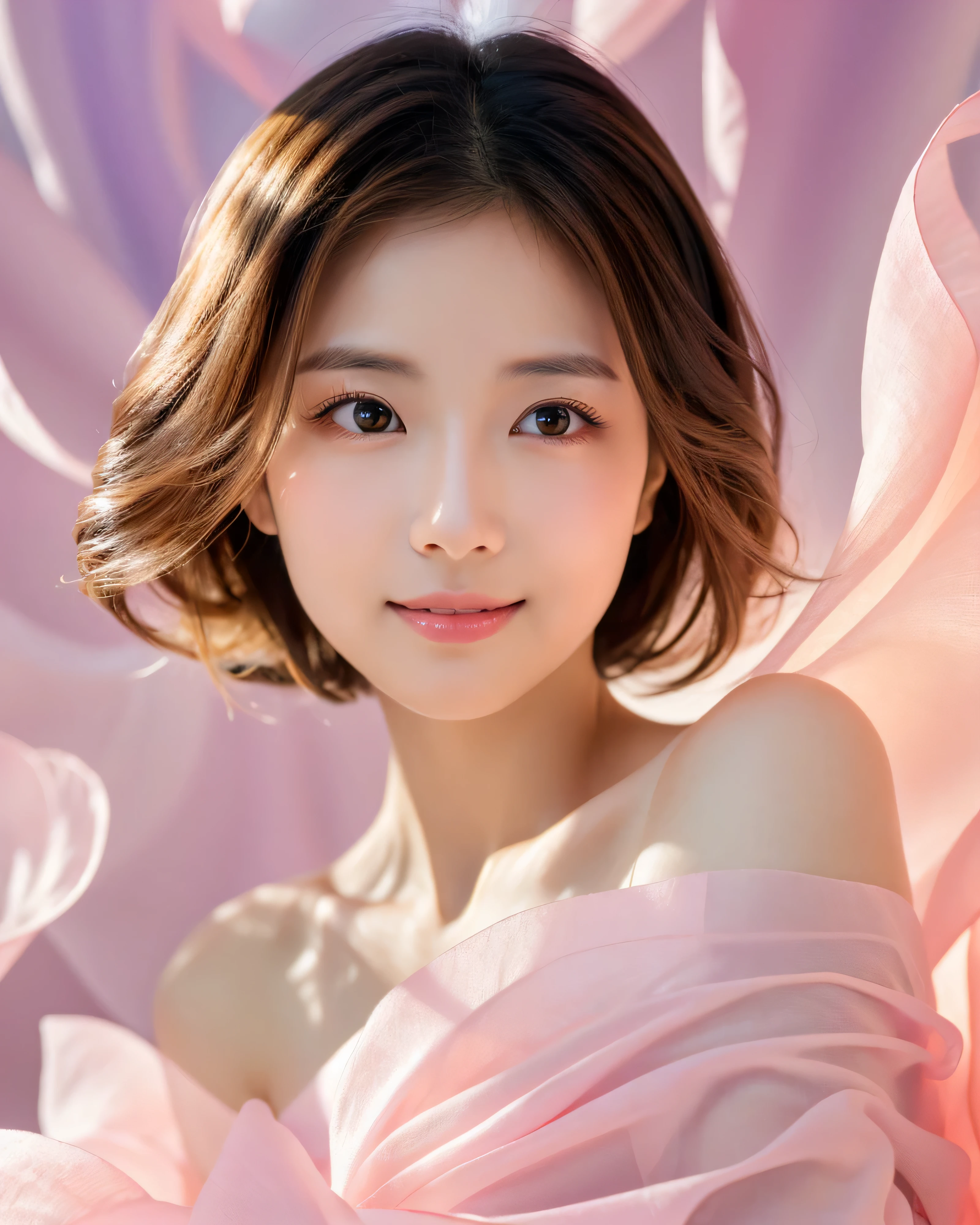 beautiful japanese woman, wrapped in translucent fabric, Unforgettable fantasy portrait in abstract style, In a swirl of fantastic pastel colors and soft light, Evoking a sense of tranquil serenity and elusive beauty, big magic eyes, gentle smile, smooth soft skin, Attractive pink lips, natural makeup, A fleeting expression, perfect collarbone, High resolutionの完璧な胸元, High resolutionの美しい太もも,(highest quality, 32K, High resolution, masterpiece:1.2), 驚くべきディテールを備えた受賞歴のあるmasterpiece, non-representative, Color and shape, expression of emotions, rich in imagination